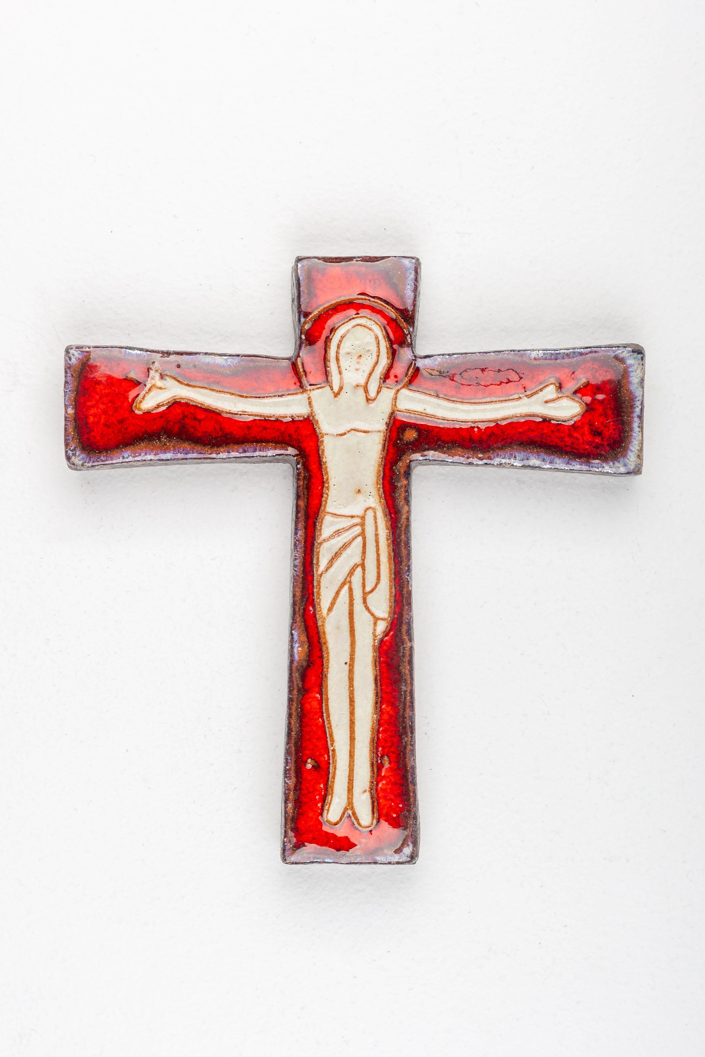 European Mid Century Ceramic Wall Cross, Red & Beige, Hand Made Studio Pottery, Europe For Sale
