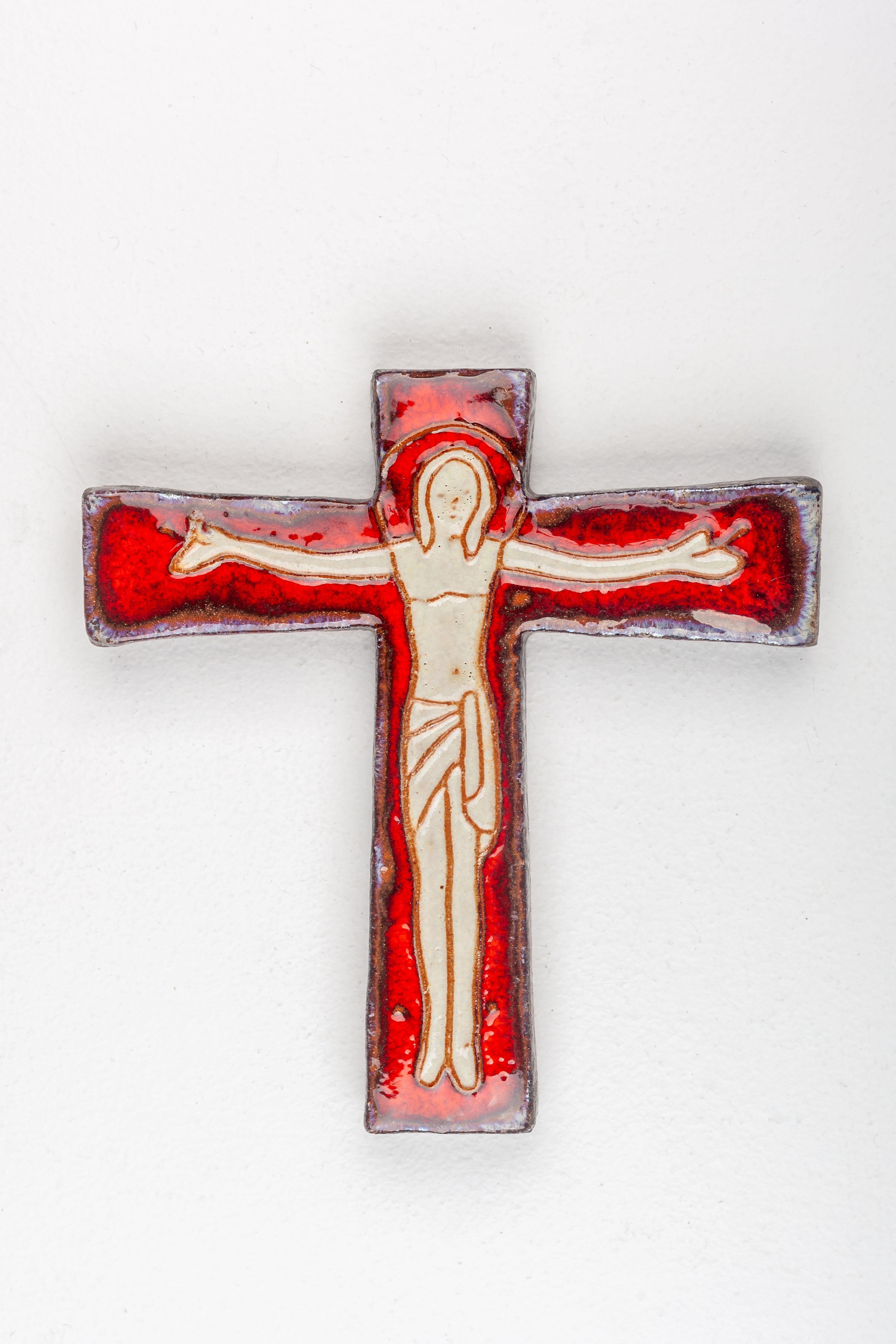 20th Century Mid Century Ceramic Wall Cross, Red & Beige, Hand Made Studio Pottery, Europe For Sale