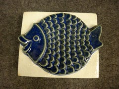 Ego Stengods Mid Century Ceramic Wall Plaque of Blue Fish  Sweden