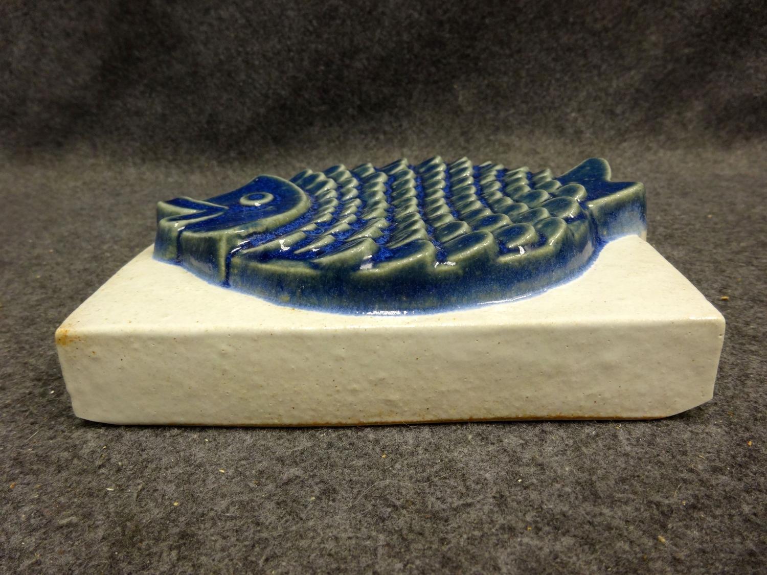 Swedish Ego Stengods Mid Century Ceramic Wall Plaque of Blue Fish  Sweden For Sale