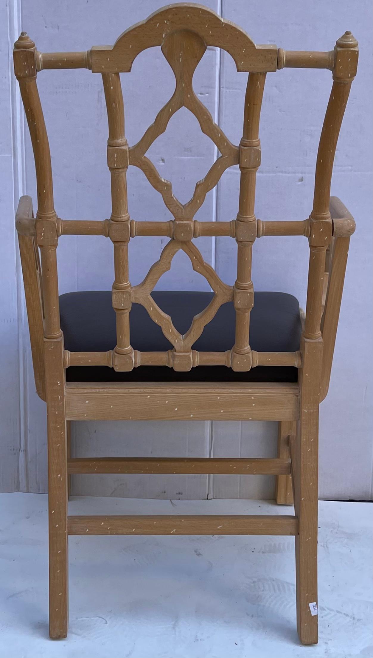American Mid-Century Cerused Pine Chinese Chippendale Style Arm Chair with Leather Seat For Sale