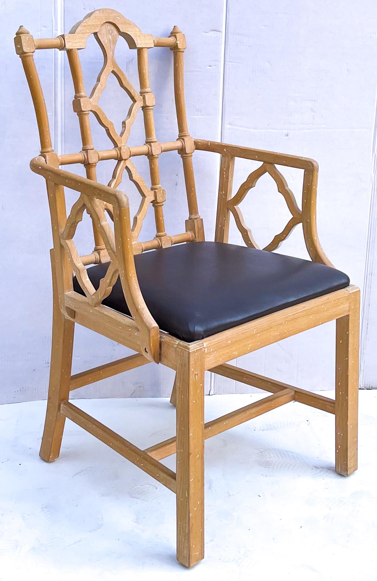 20th Century Mid-Century Cerused Pine Chinese Chippendale Style Arm Chair with Leather Seat For Sale