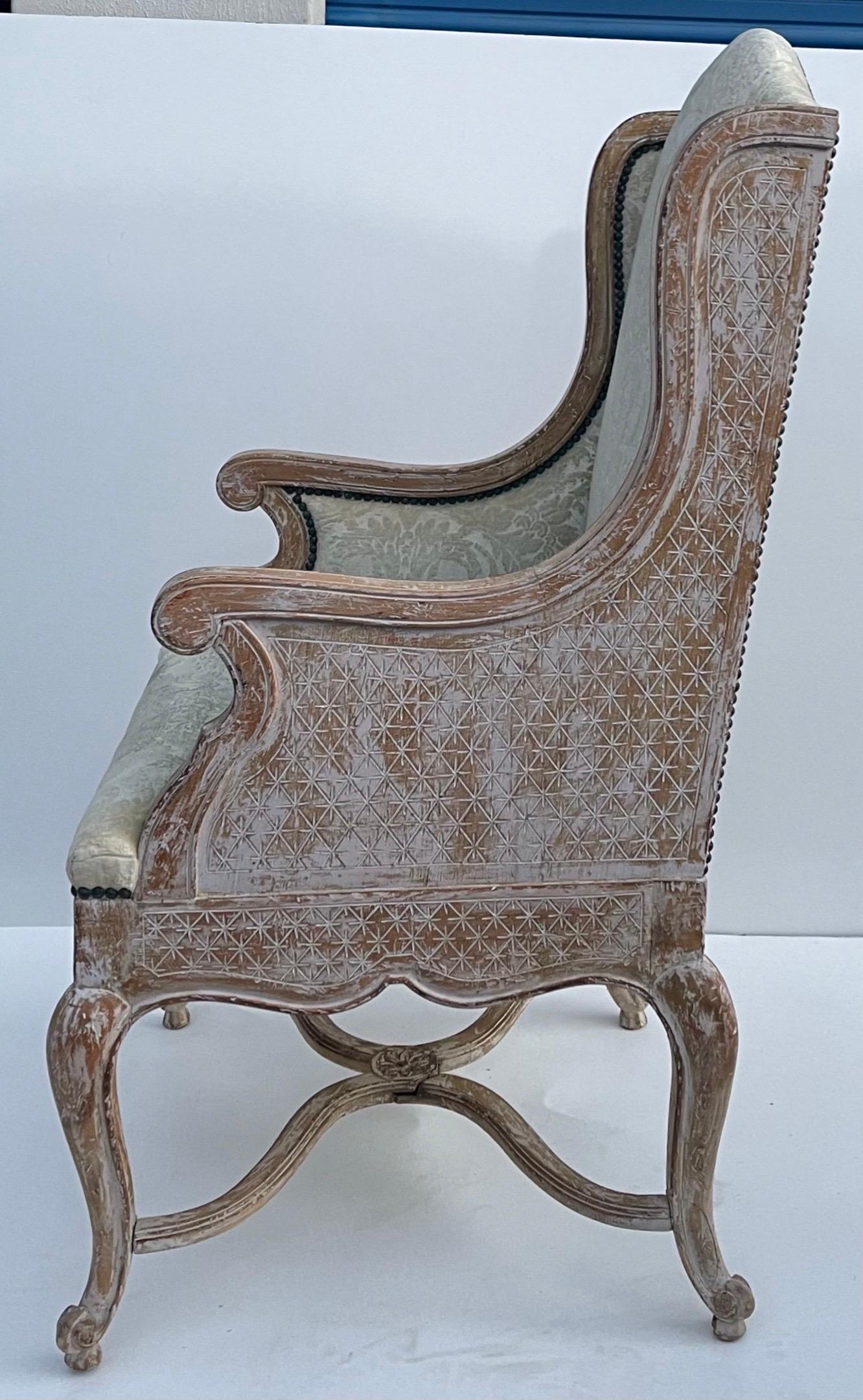 American Classical Mid-Century Cerused Wingback Chair with Celadon Cut Velvet For Sale