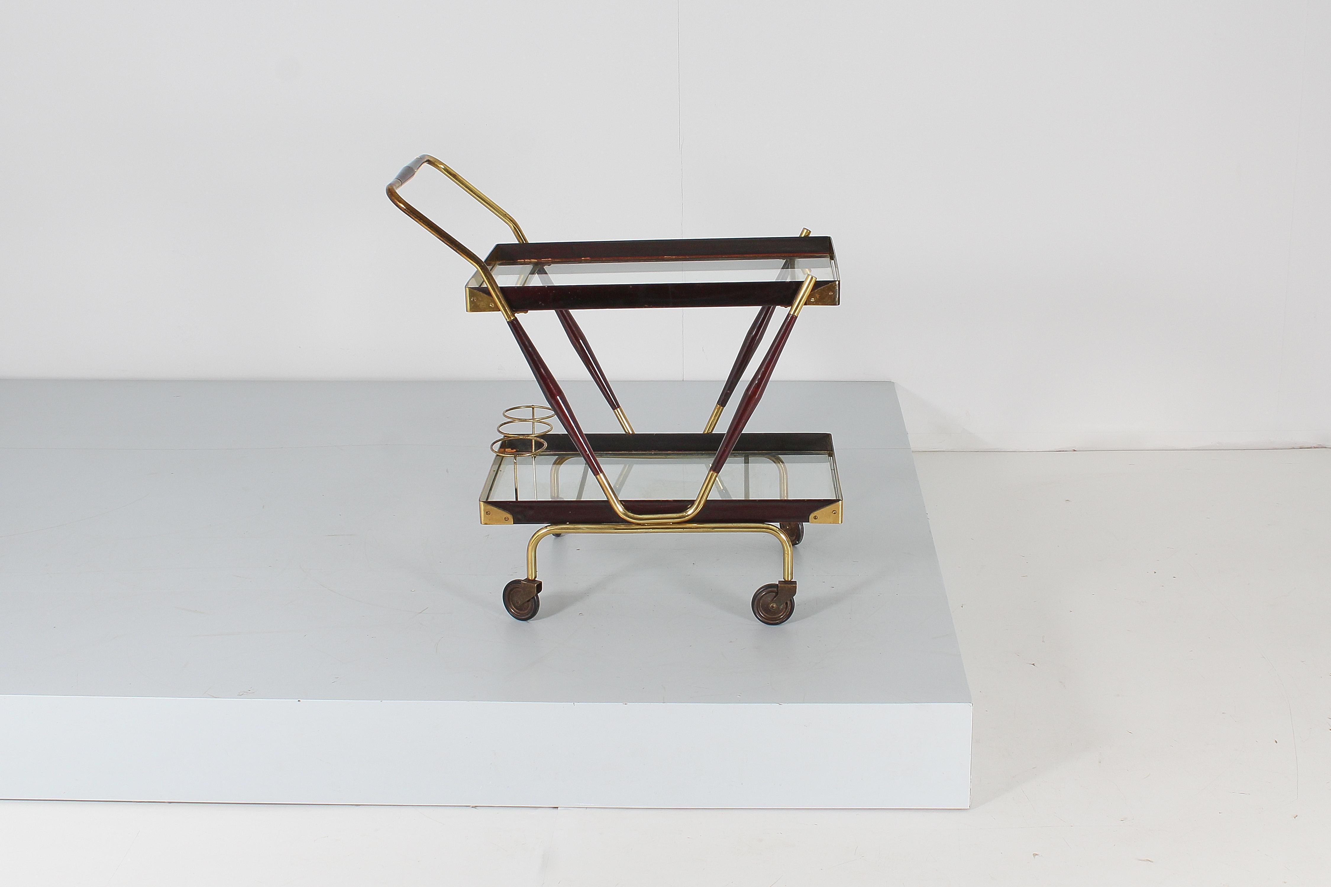 Mid-Century Modern Mid-Century Cesare Lacca Brass, Glass and Dark Wood Bar Cart, Italy, 1960s For Sale