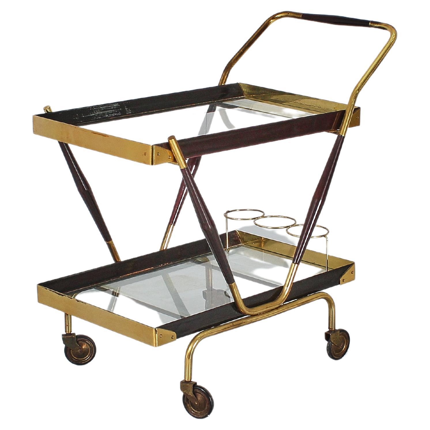 Mid-Century Cesare Lacca Brass, Glass and Dark Wood Bar Cart, Italy, 1960s For Sale