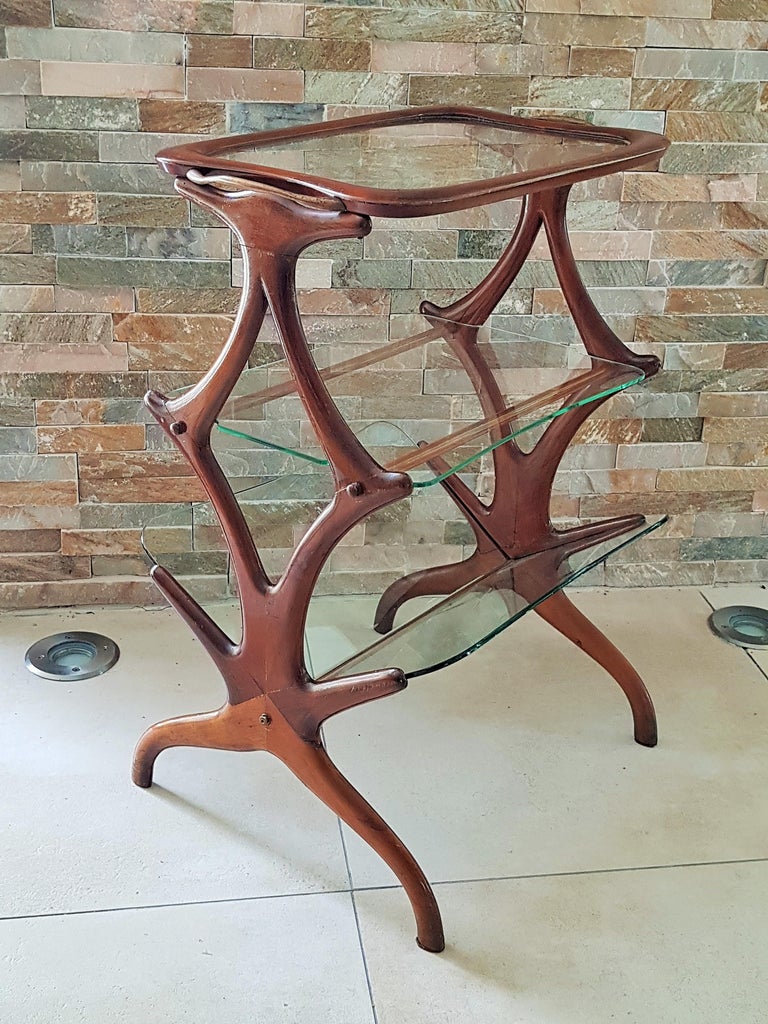 Glass Midcentury Cesare Lacca Side Coffee Table, Teak, Italy 1950 For Sale