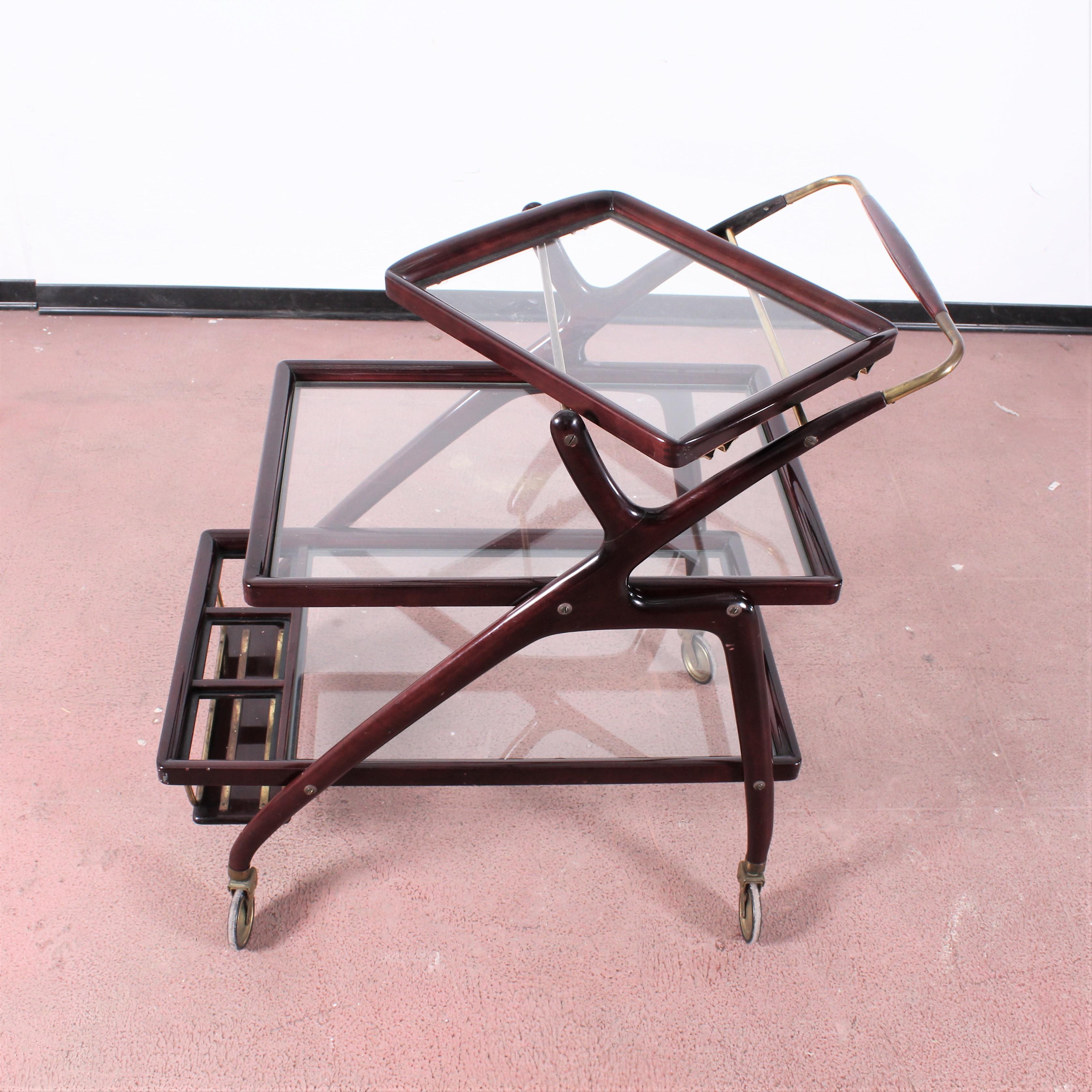 Midcentury Cesare Lacca Vintage Curved Wooden Serving Bar Cart, Italy, 1950s 7