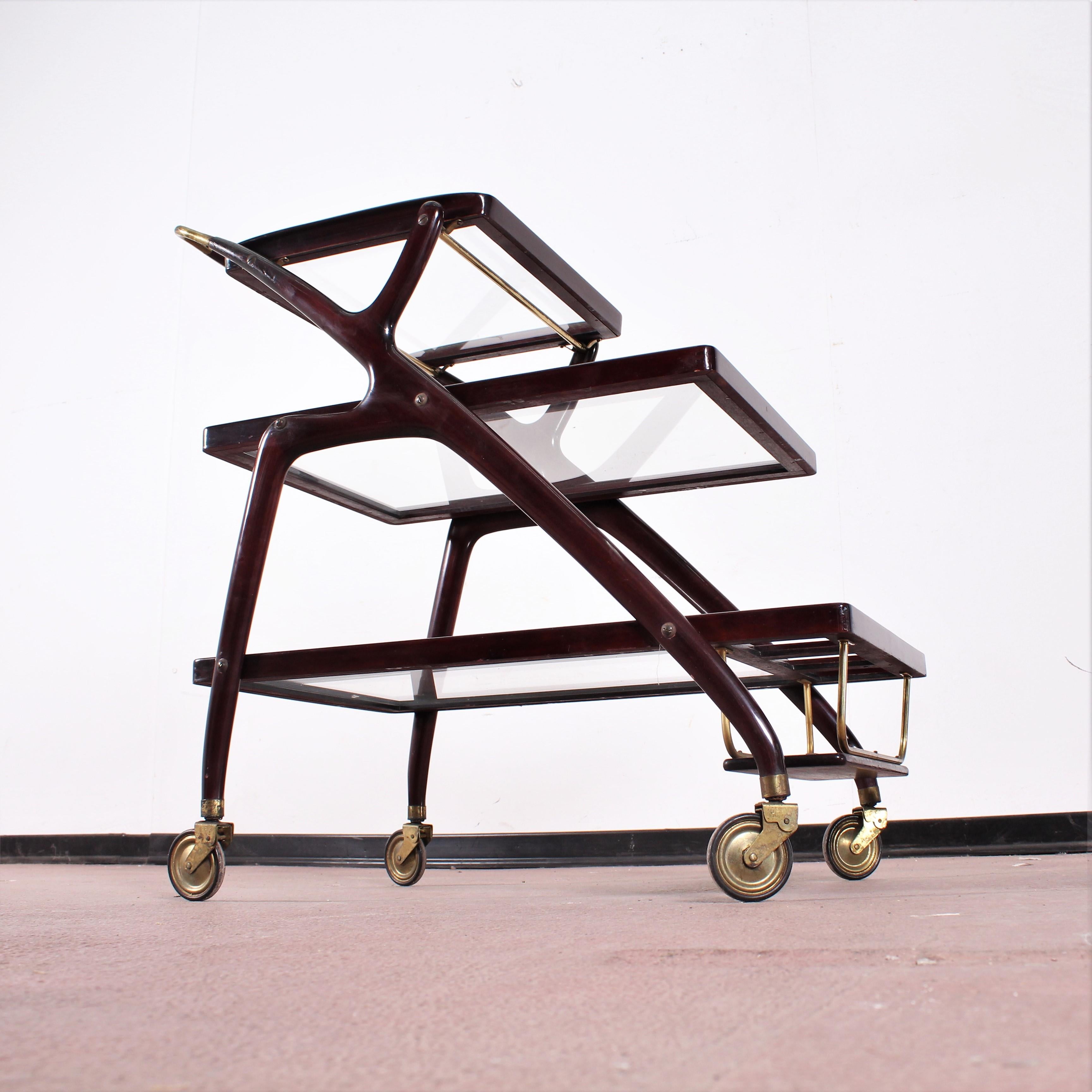 Midcentury Cesare Lacca Vintage Curved Wooden Serving Bar Cart, Italy, 1950s 13