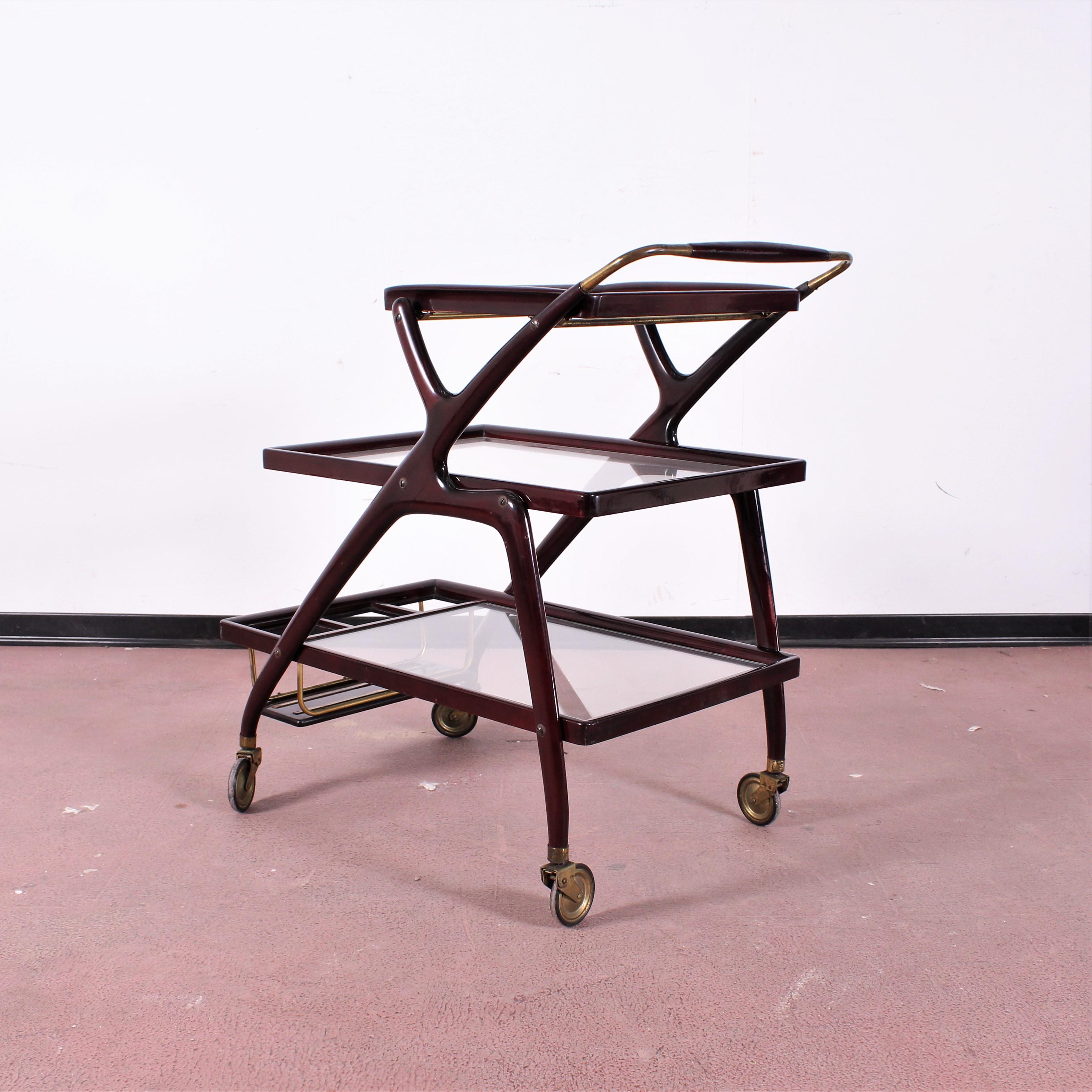 Mid-Century Modern Midcentury Cesare Lacca Vintage Curved Wooden Serving Bar Cart, Italy, 1950s