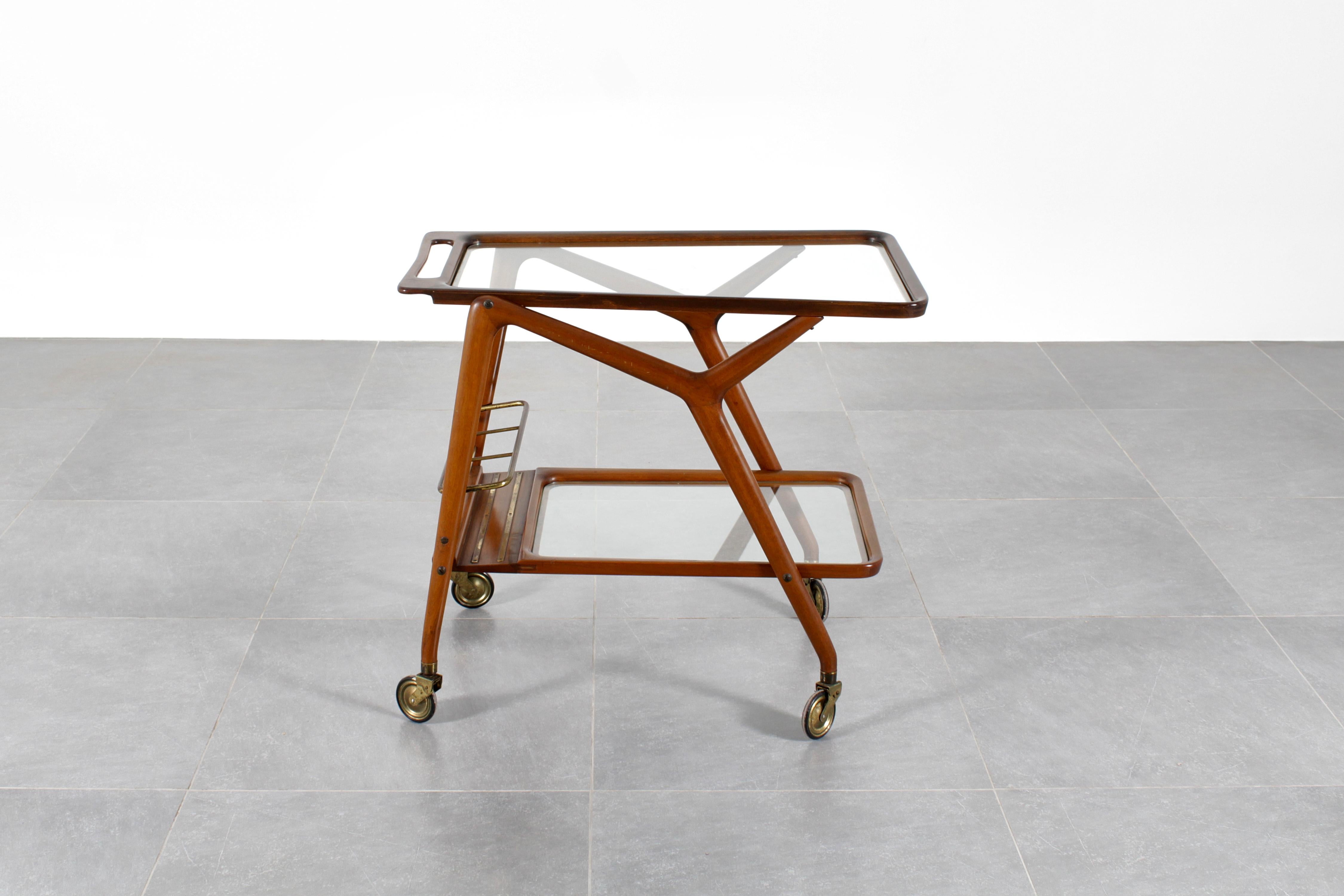 Mid-Century Modern Mid-century Cesare Lacca Vintage Curved Wooden Serving Bar Cart, Italy, 1950s For Sale