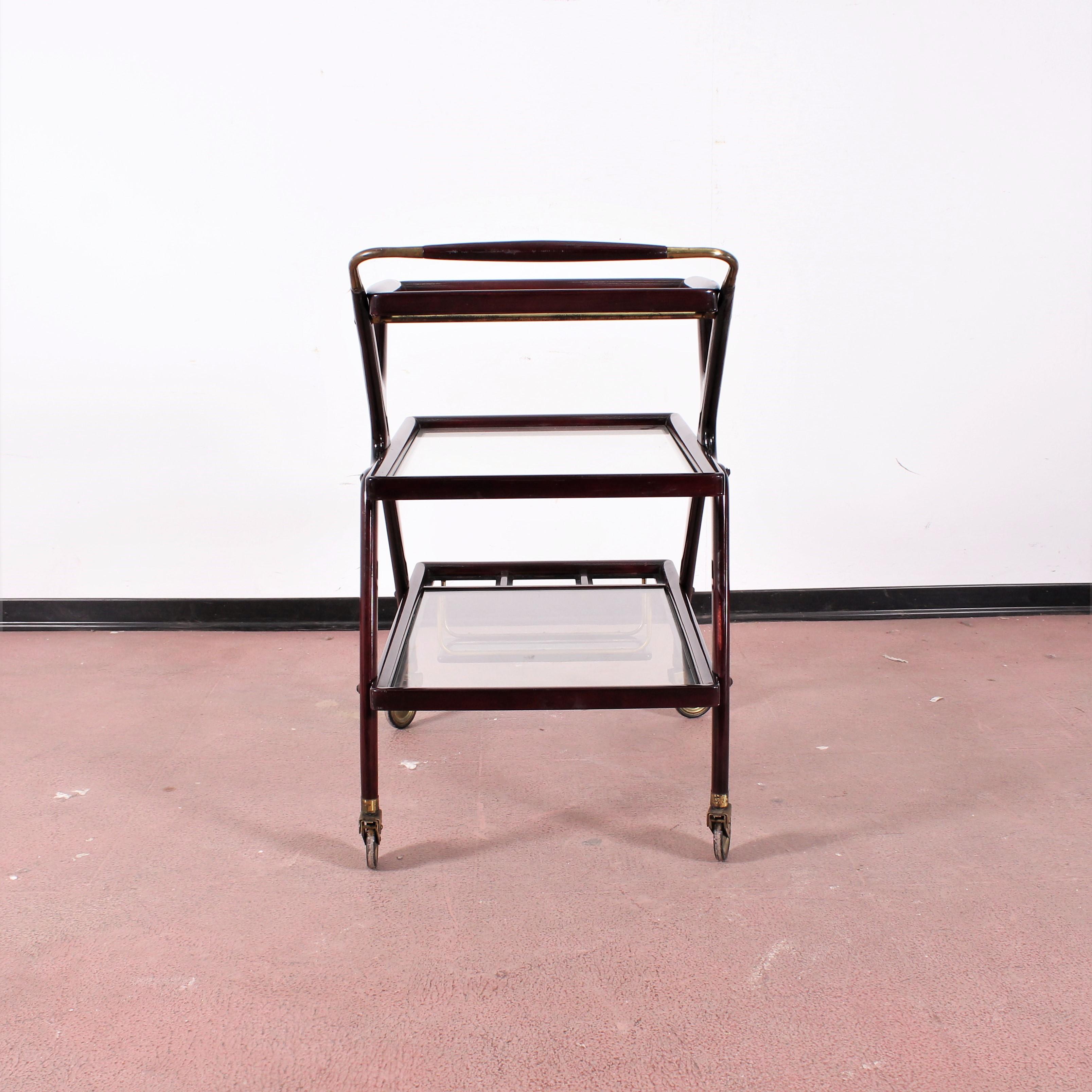 Italian Midcentury Cesare Lacca Vintage Curved Wooden Serving Bar Cart, Italy, 1950s