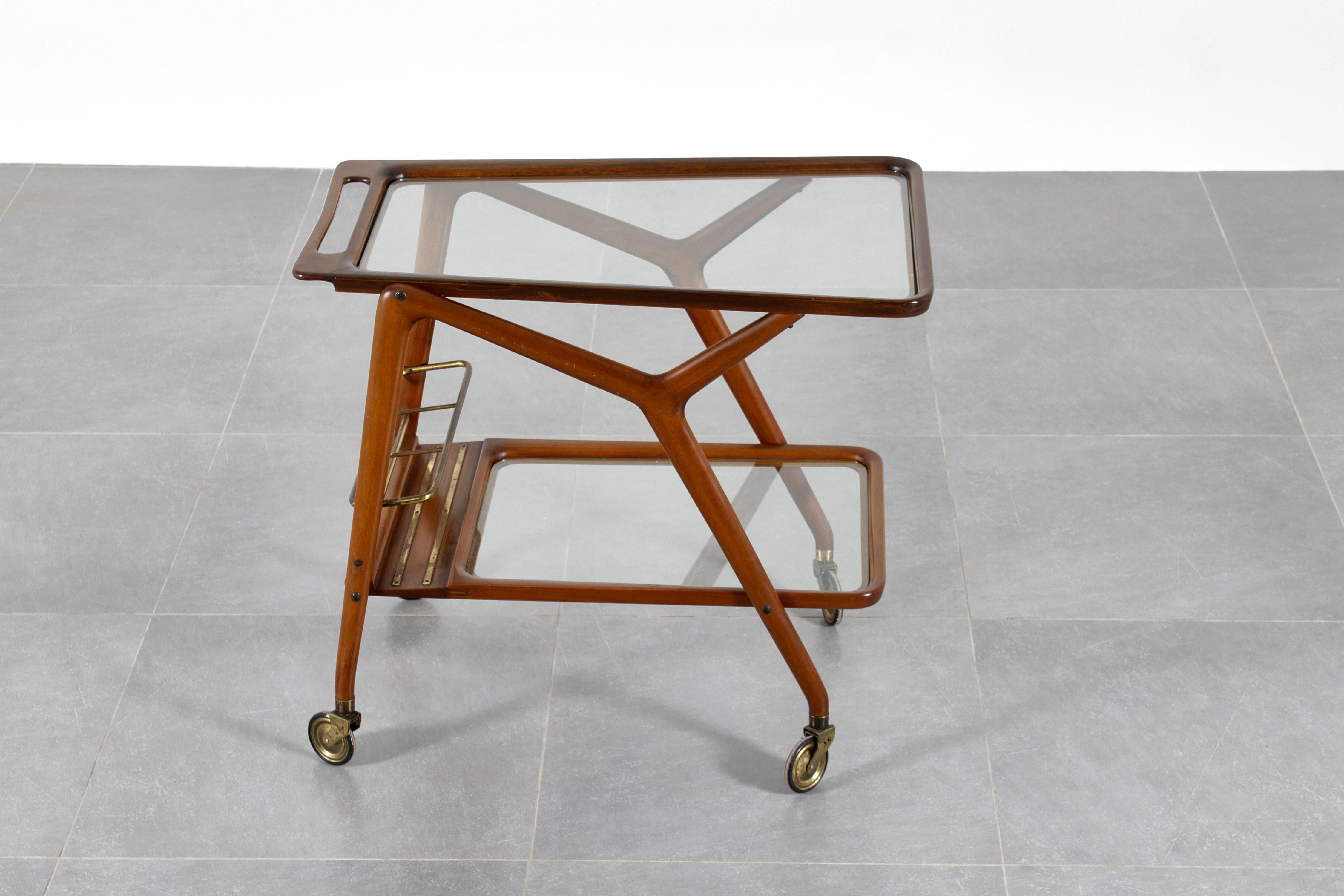 Italian Mid-century Cesare Lacca Vintage Curved Wooden Serving Bar Cart, Italy, 1950s For Sale