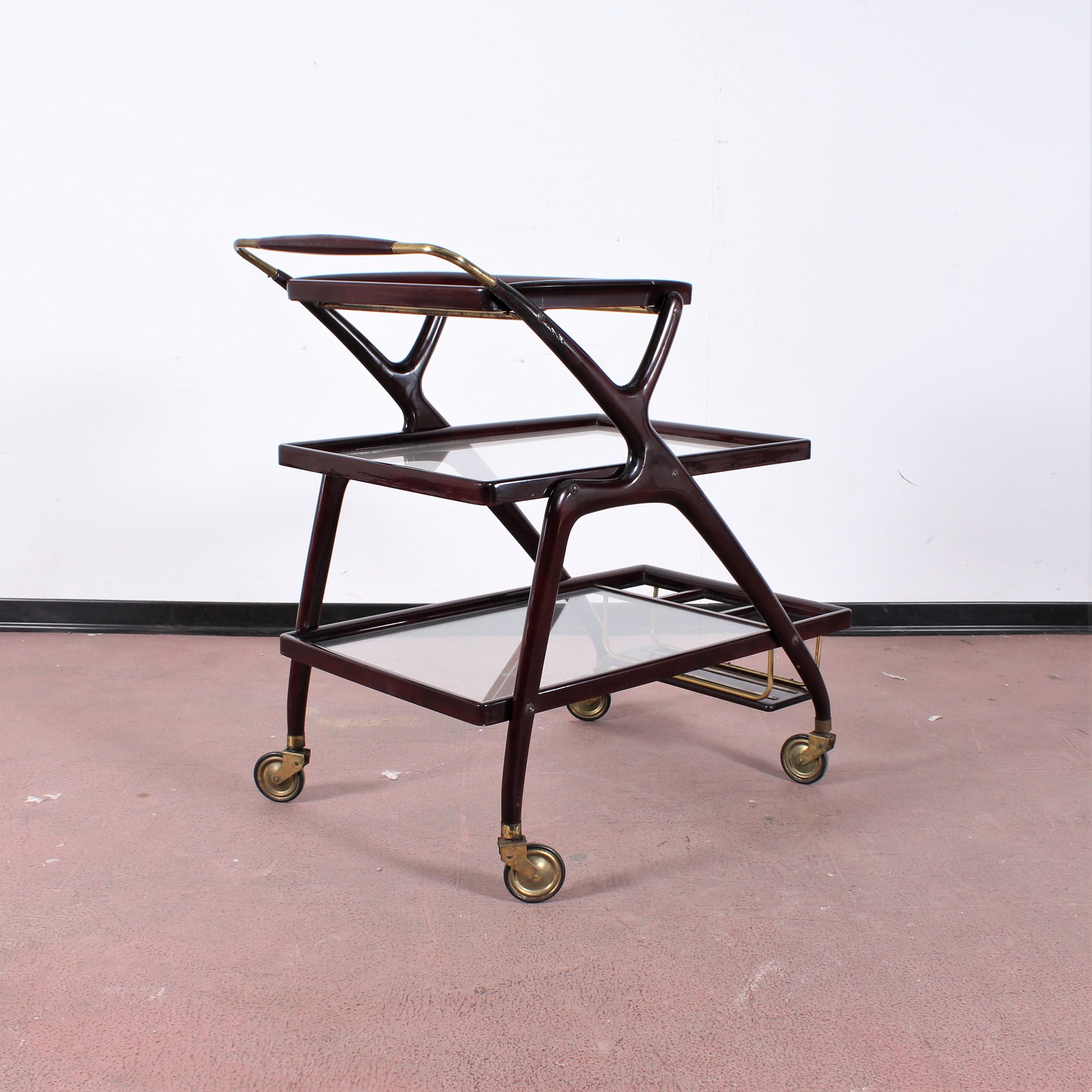 Midcentury Cesare Lacca Vintage Curved Wooden Serving Bar Cart, Italy, 1950s In Good Condition In Palermo, IT
