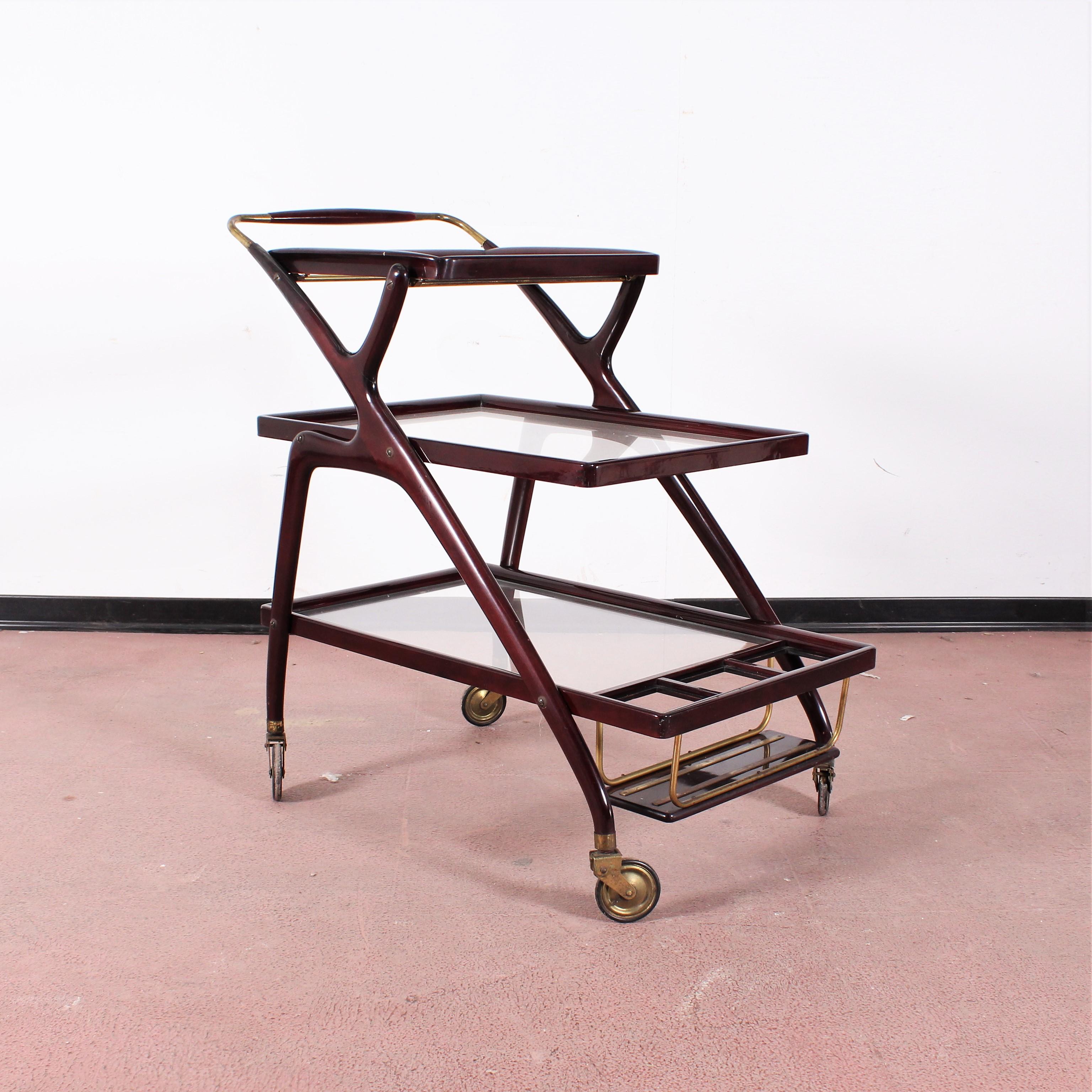 Midcentury Cesare Lacca Vintage Curved Wooden Serving Bar Cart, Italy, 1950s 1