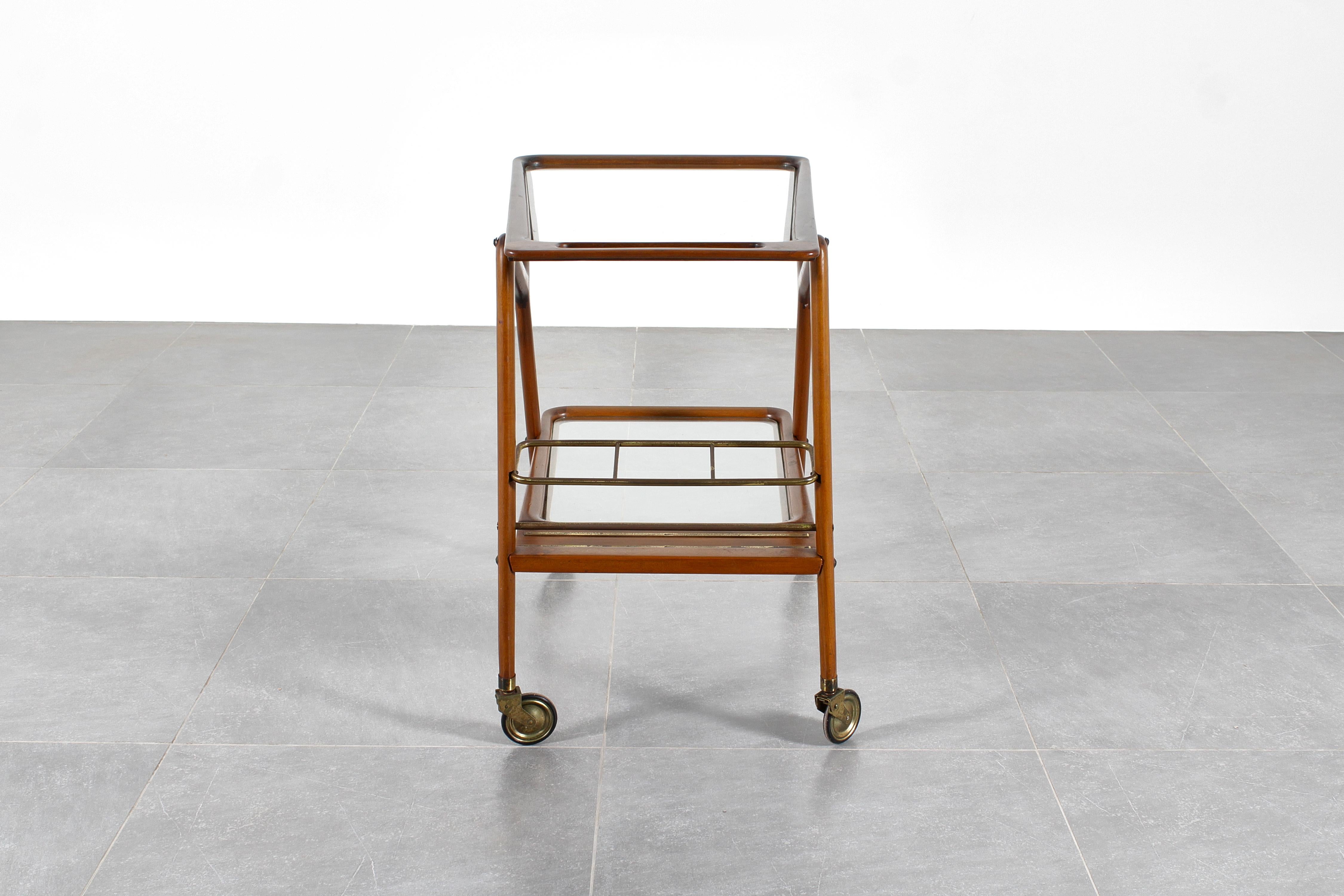 Glass Mid-century Cesare Lacca Vintage Curved Wooden Serving Bar Cart, Italy, 1950s For Sale