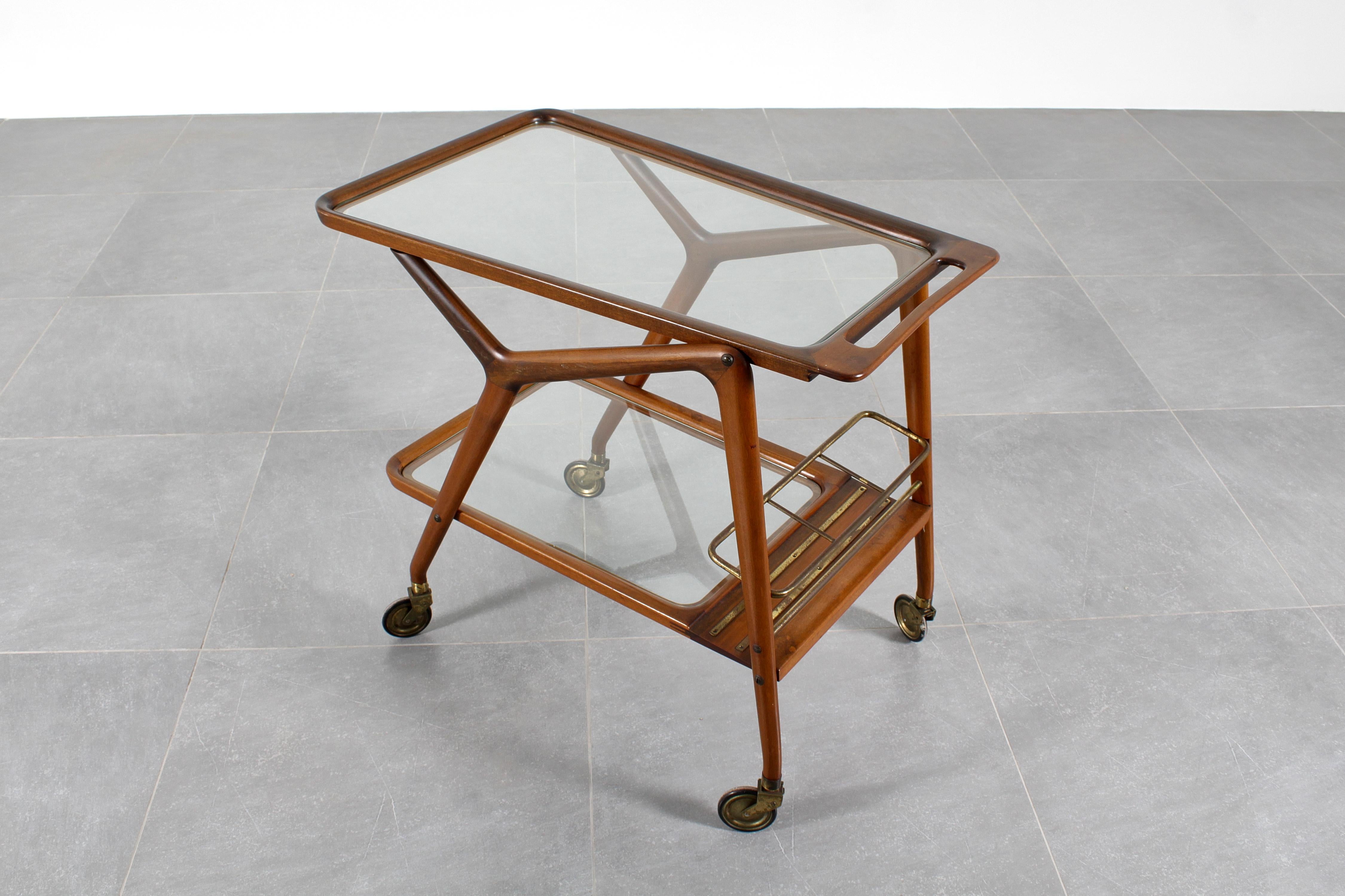 Mid-century Cesare Lacca Vintage Curved Wooden Serving Bar Cart, Italy, 1950s For Sale 1