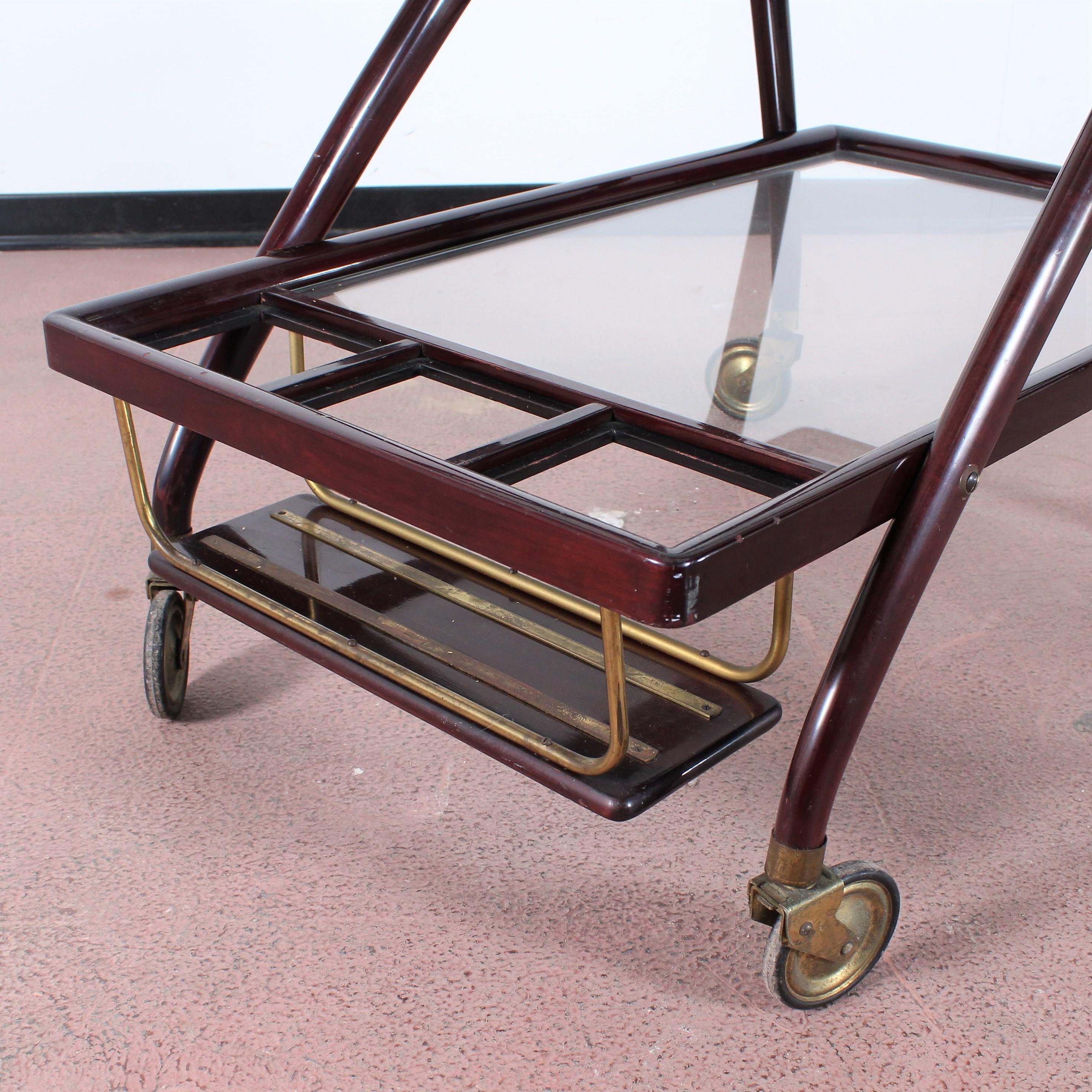 Midcentury Cesare Lacca Vintage Curved Wooden Serving Bar Cart, Italy, 1950s 3