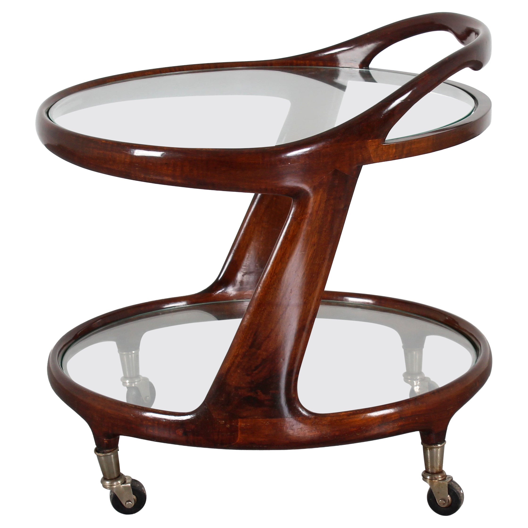 Mid-Century Cesare Lacca Vintage Glass and Curved Wood Bar Cart, Italy 1950s im Angebot