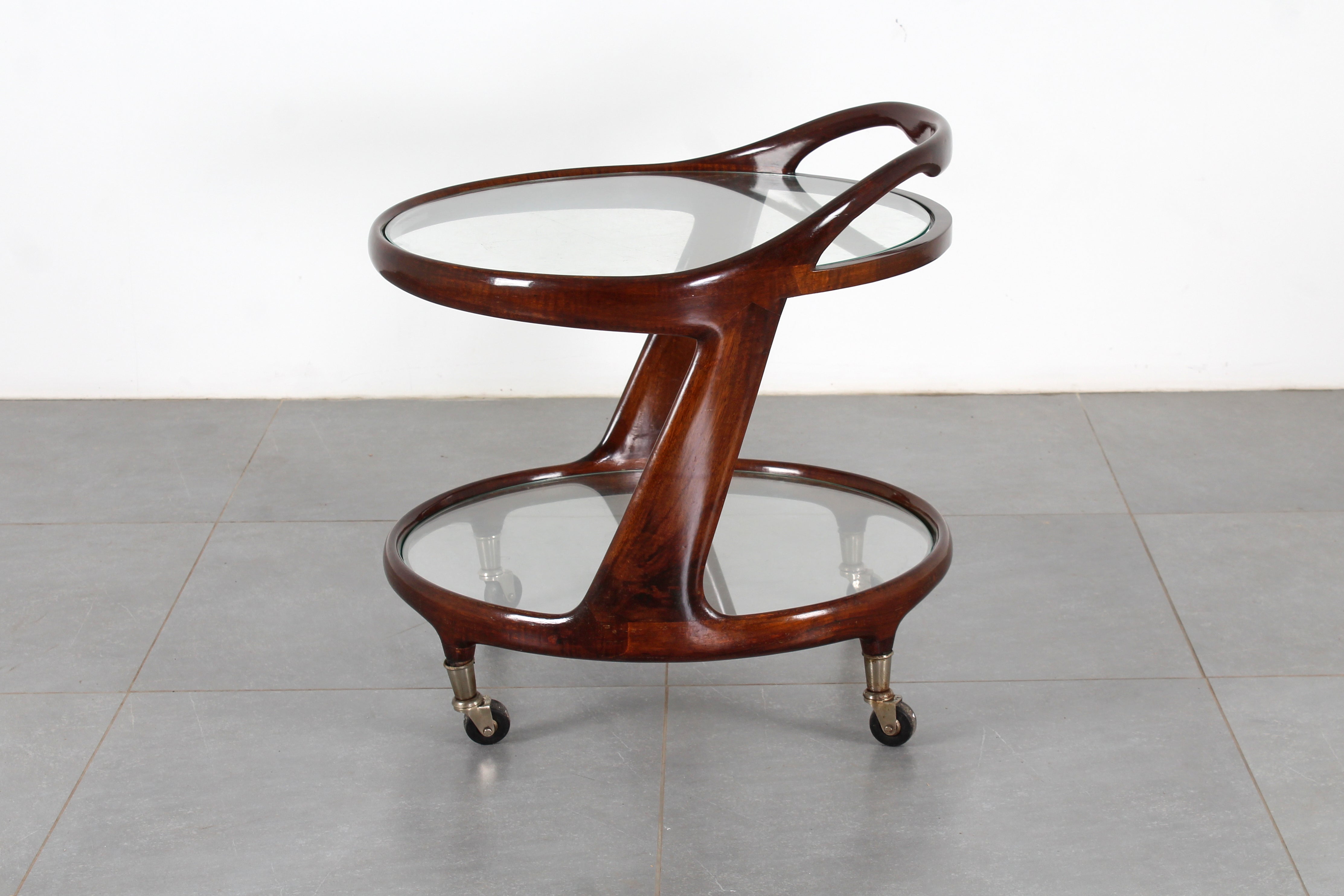 Mid-Century Cesare Lacca Vintage Glass and Curved Wood Bar Cart, Italy 1950s For Sale