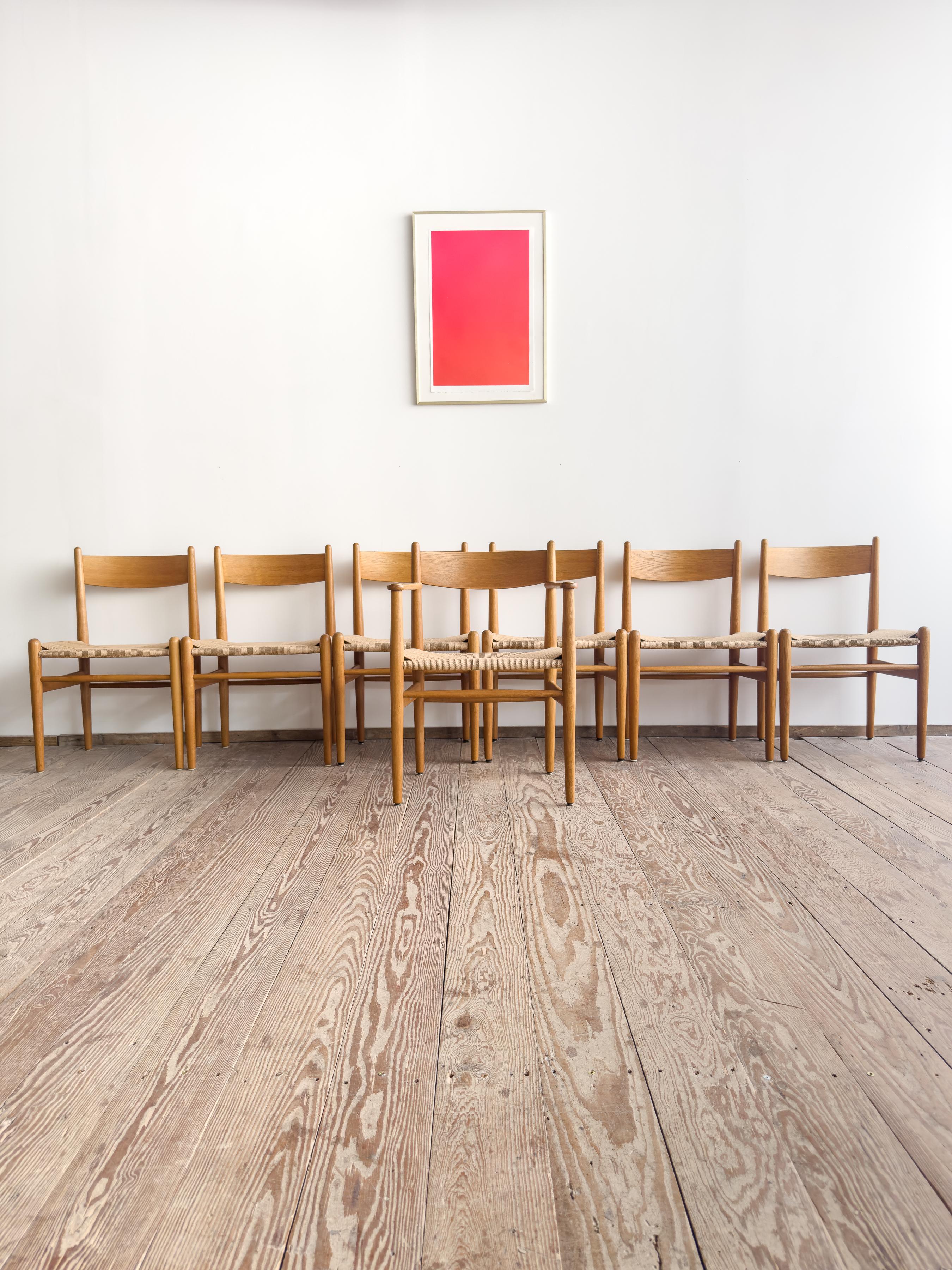Hand-Carved Mid Century CH36 + CH37 Dining Chairs by Hans J. Wegner in Oak with Danish Cord For Sale