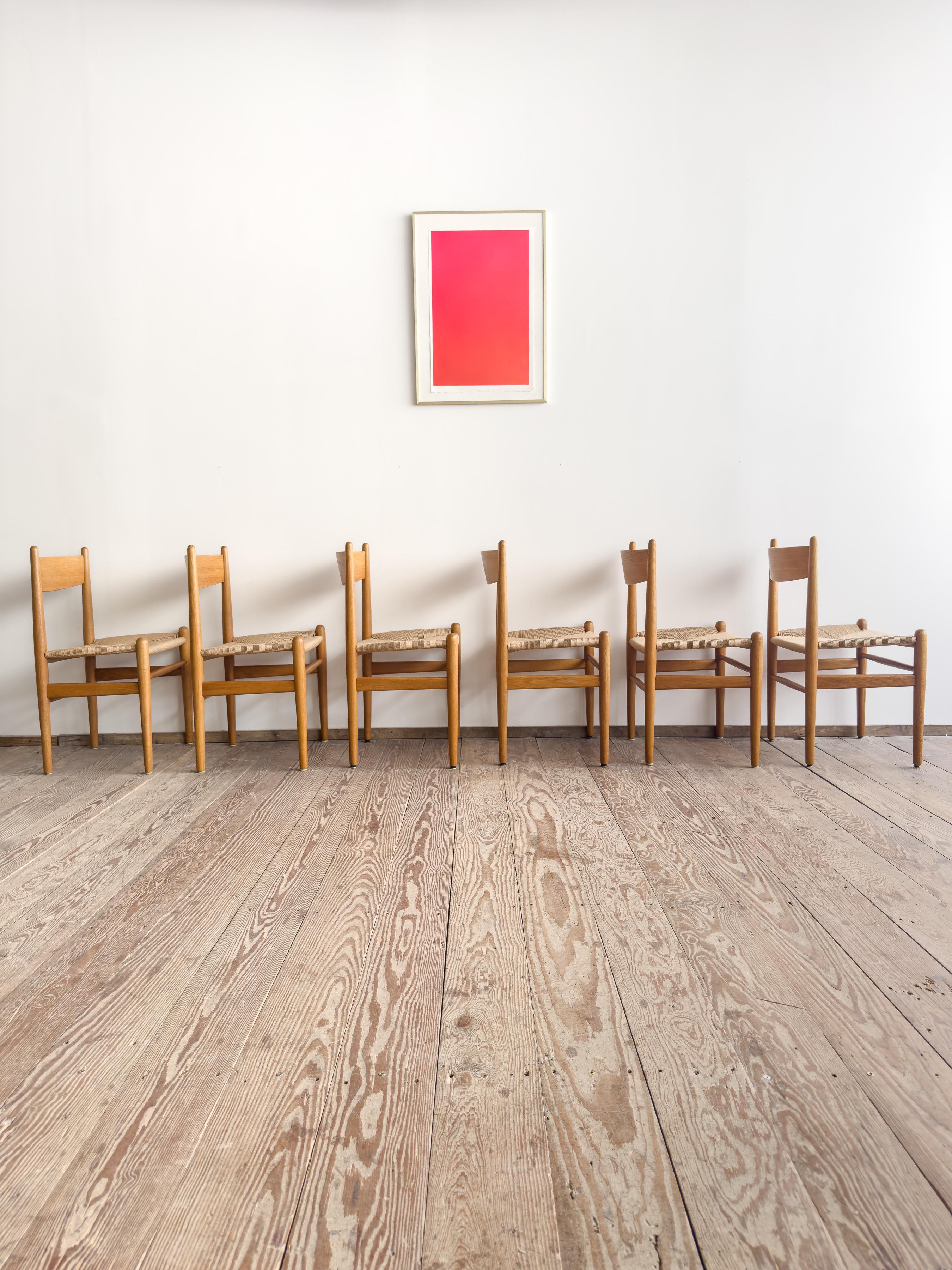 Hand-Carved Mid Century CH36 Dining Chairs by Hans J. Wegner in Oak with Danish Cord For Sale