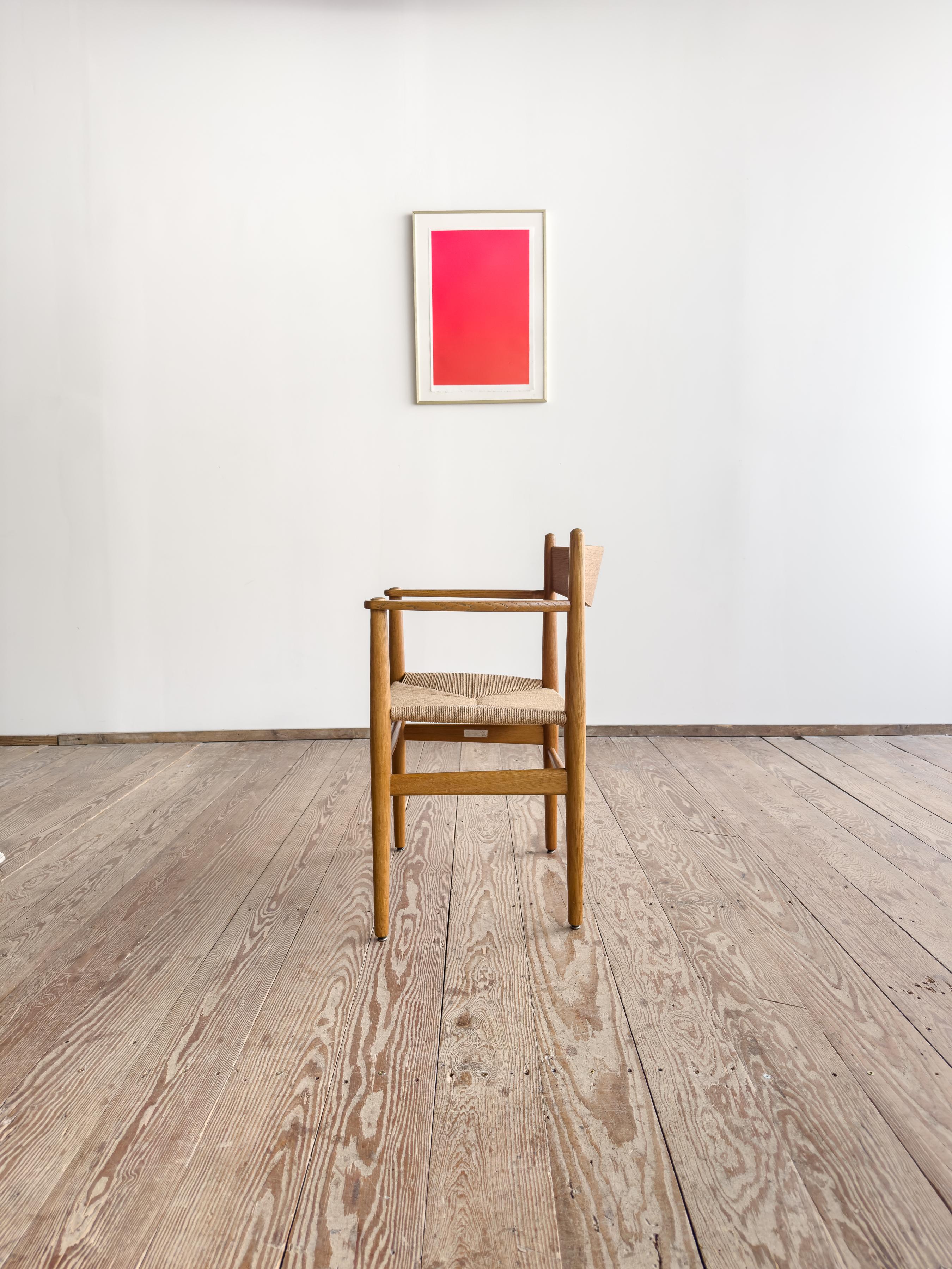 Hand-Carved Mid Century CH37Armrest Dining Chair by Hans J. Wegner in Oak with Danish Cord For Sale