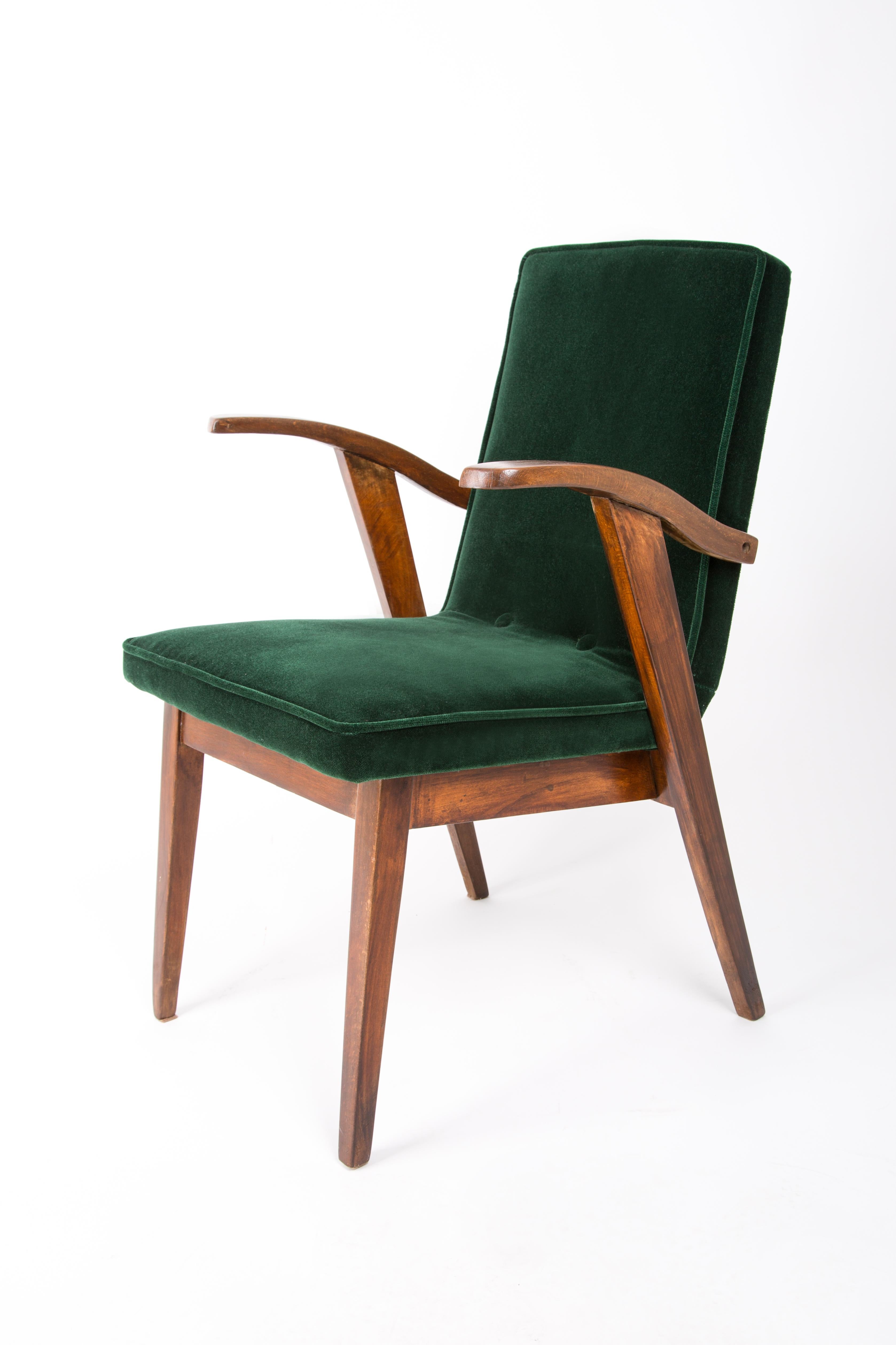 Polish Mid Century Chair, Dark Green Velvet, by Mieczyslaw Puchala, Poland, 1960s For Sale