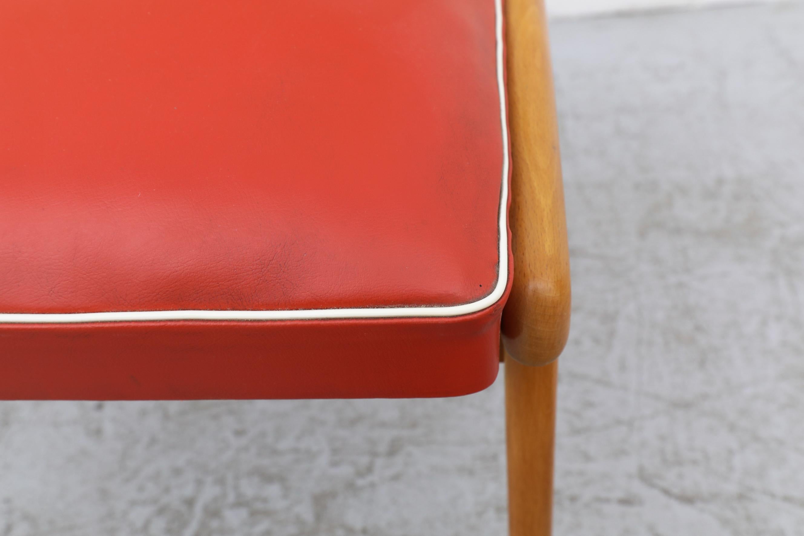 Mid-Century Blonde Wood Chair with Red Vinyl Seat, White Piping and Curved Back For Sale 10