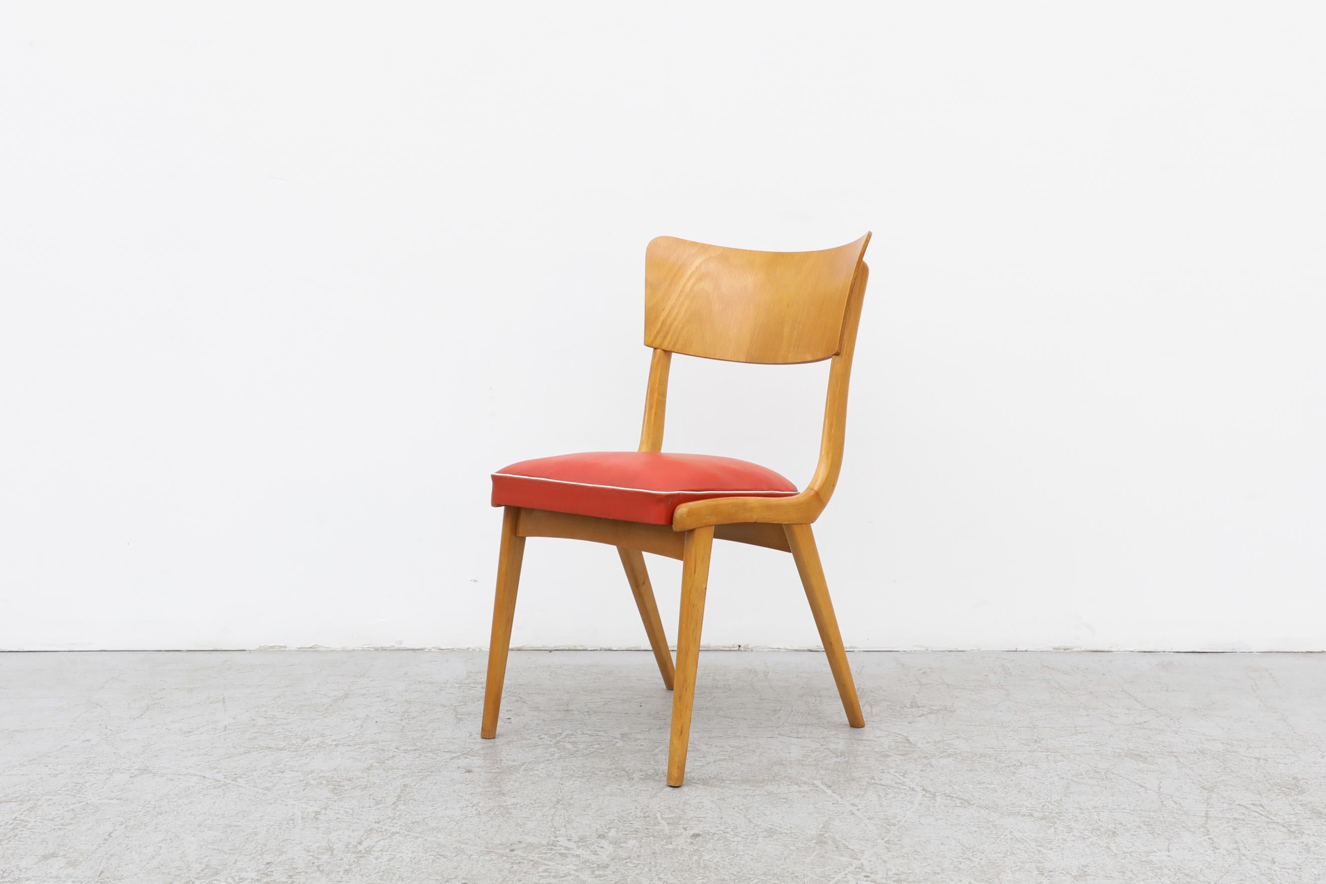 Mid-Century Modern Mid-Century Blonde Wood Chair with Red Vinyl Seat, White Piping and Curved Back For Sale