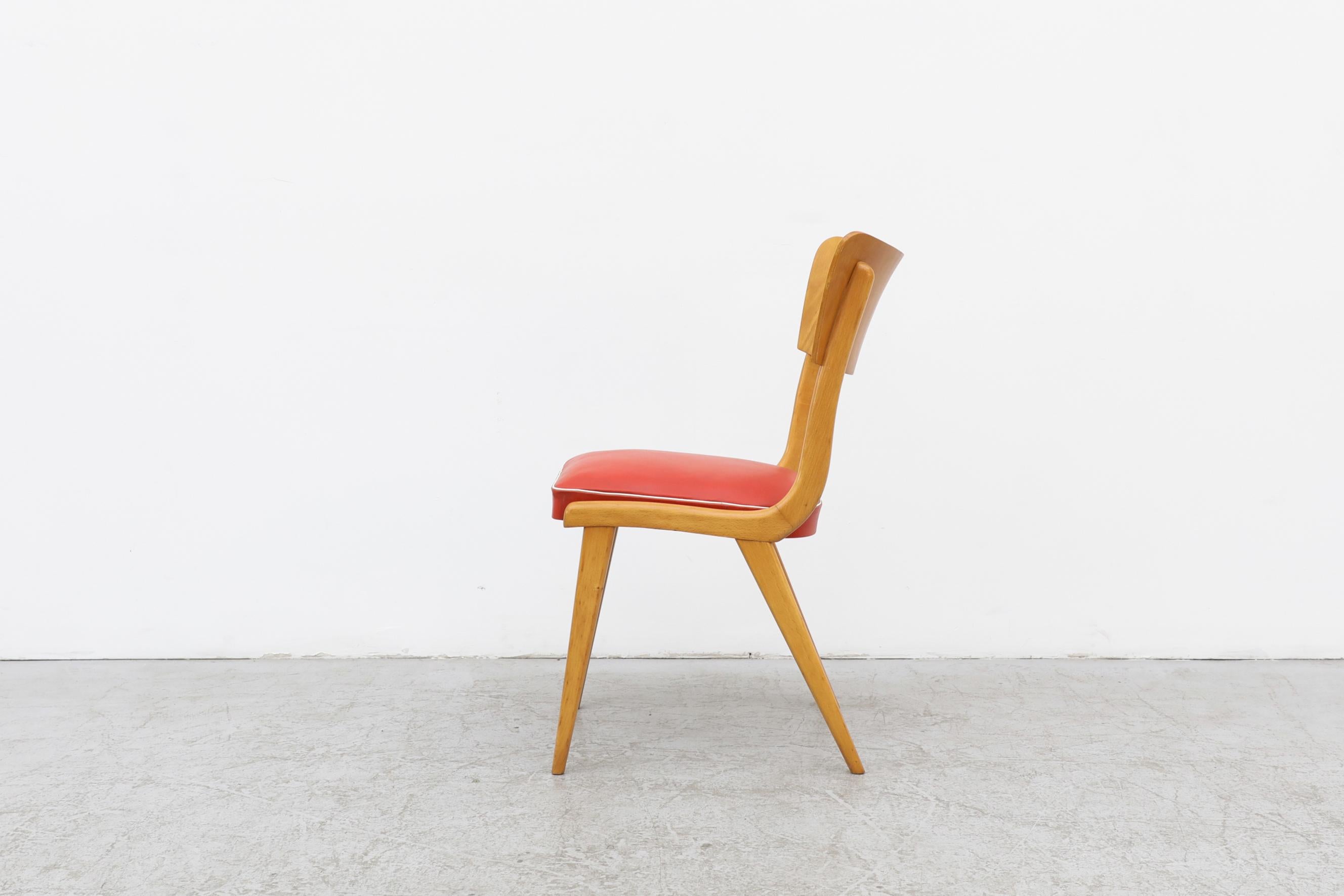 Dutch Mid-Century Blonde Wood Chair with Red Vinyl Seat, White Piping and Curved Back For Sale