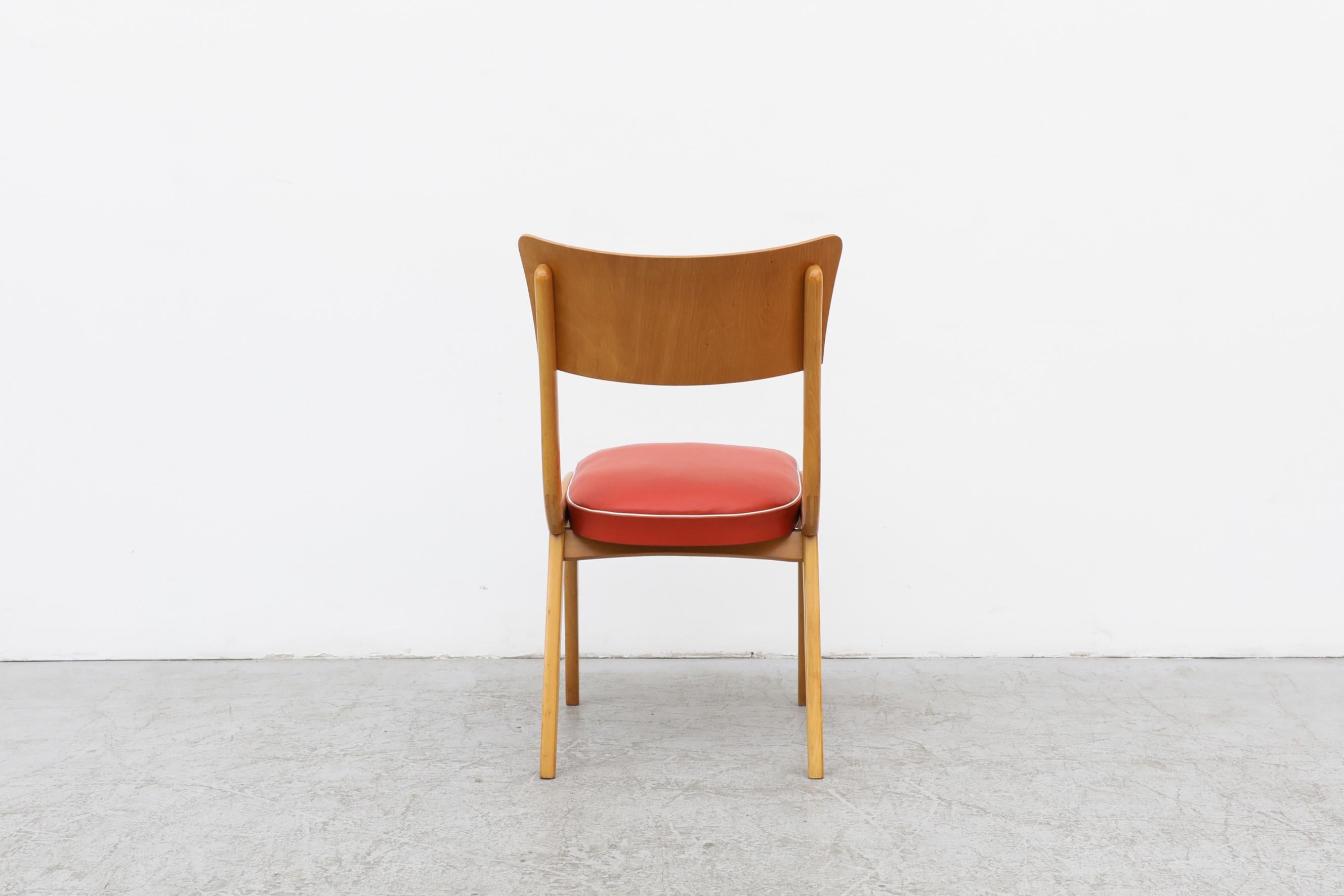 Mid-20th Century Mid-Century Blonde Wood Chair with Red Vinyl Seat, White Piping and Curved Back For Sale