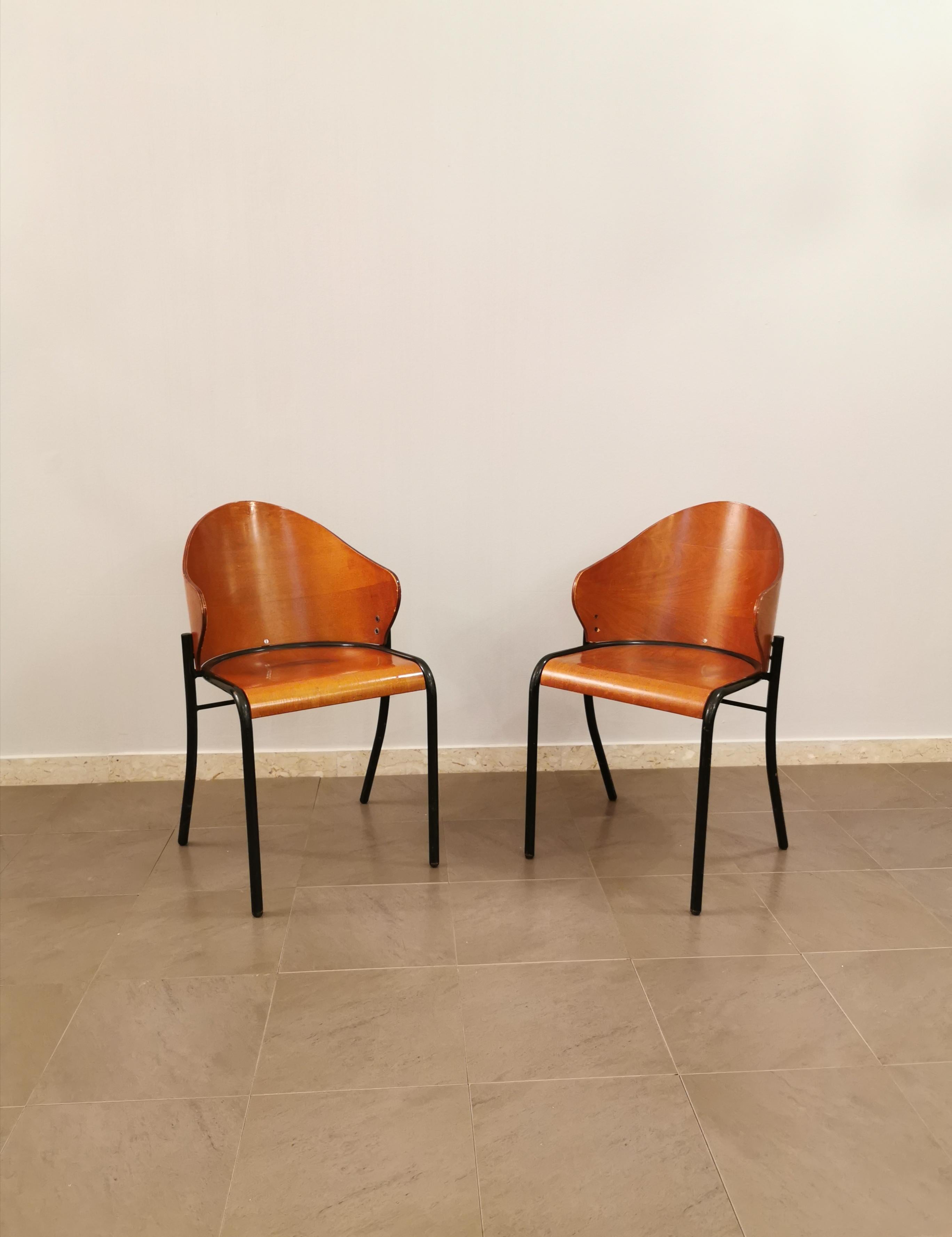 Mid-Century Modern Midcentury Dining Room Chairs Curved Wood Enameled Metal Italy 1960s Set of 2