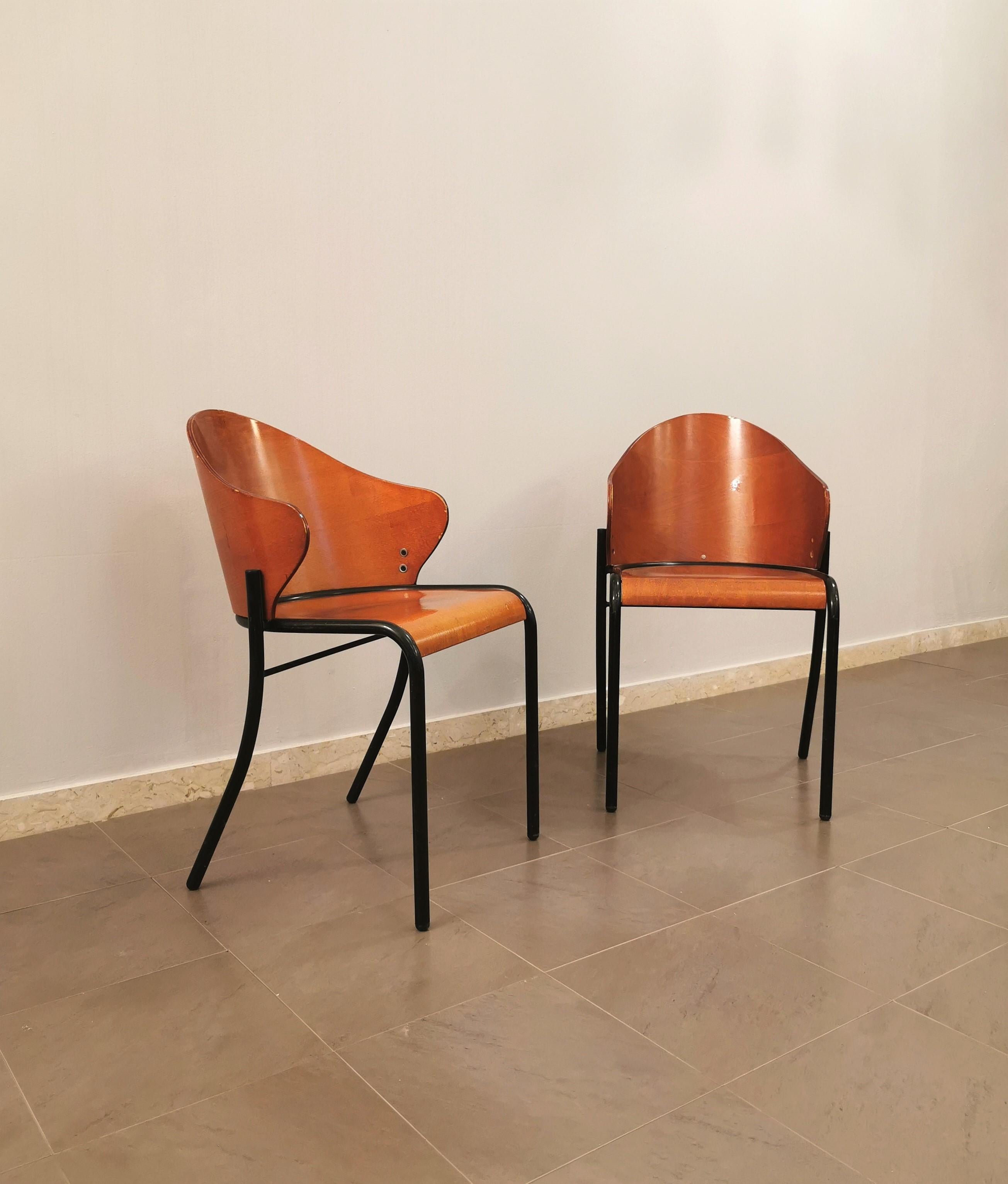 Italian Midcentury Dining Room Chairs Curved Wood Enameled Metal Italy 1960s Set of 2