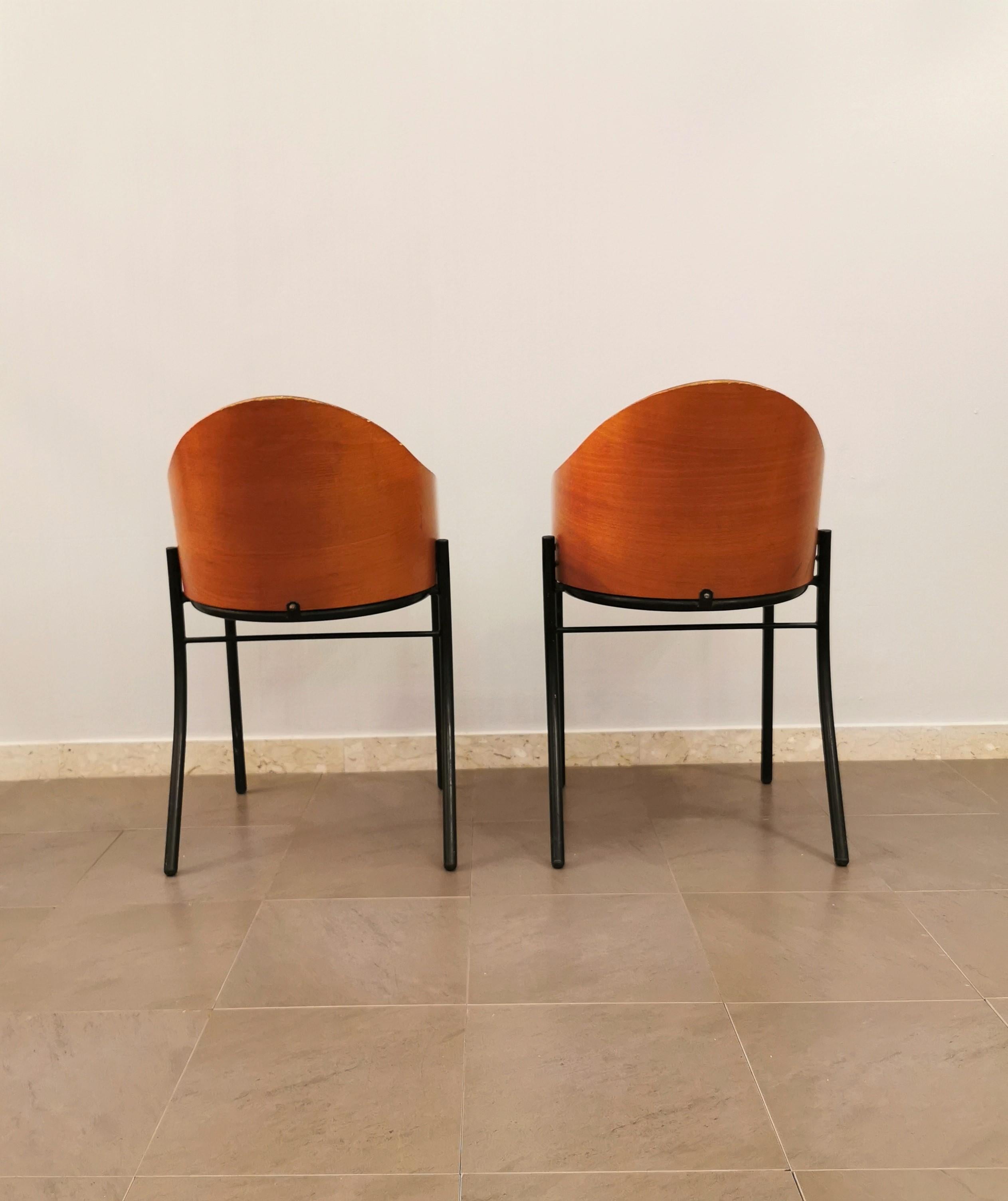 Midcentury Dining Room Chairs Curved Wood Enameled Metal Italy 1960s Set of 2 In Fair Condition In Palermo, IT