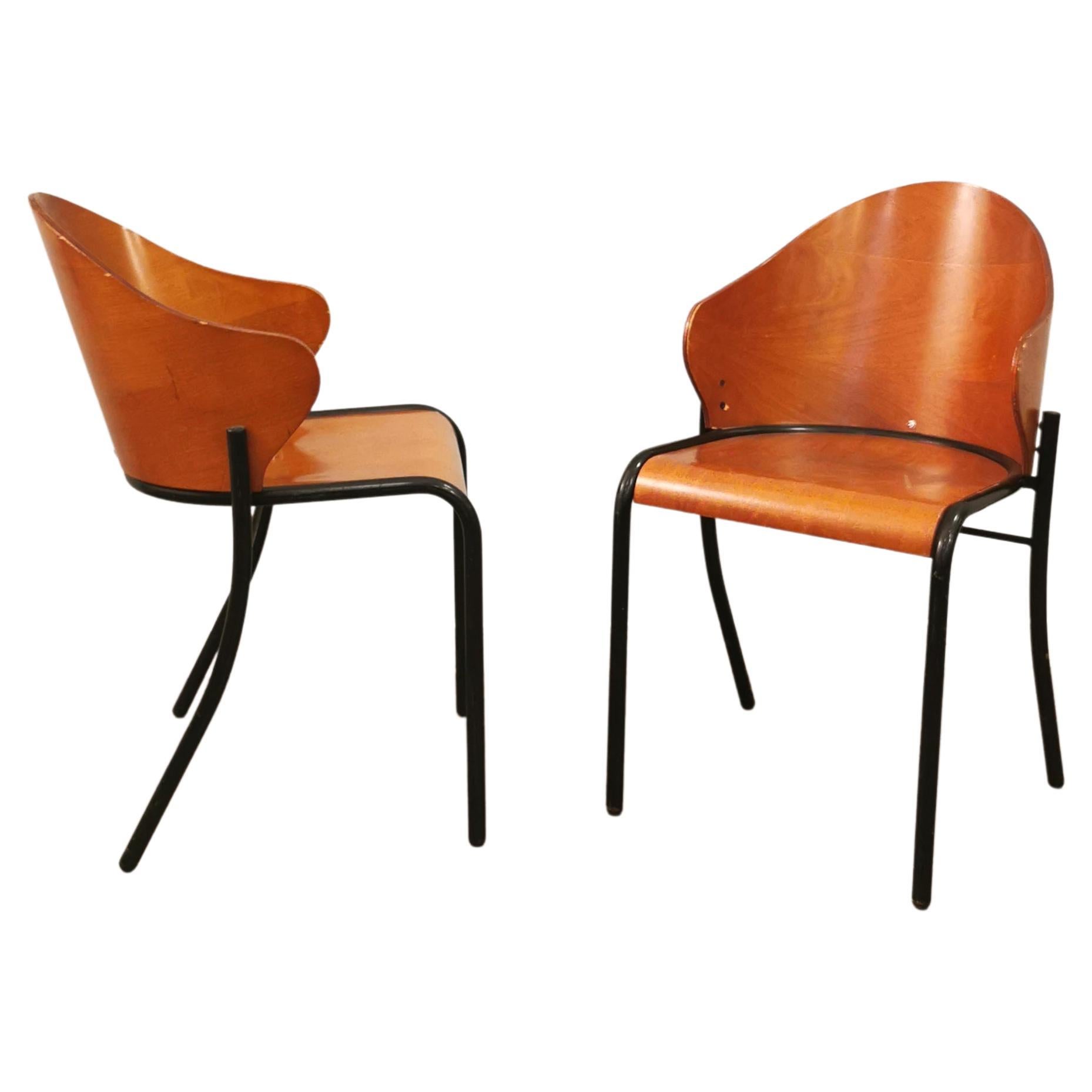 Midcentury Dining Room Chairs Curved Wood Enameled Metal Italy 1960s Set of 2