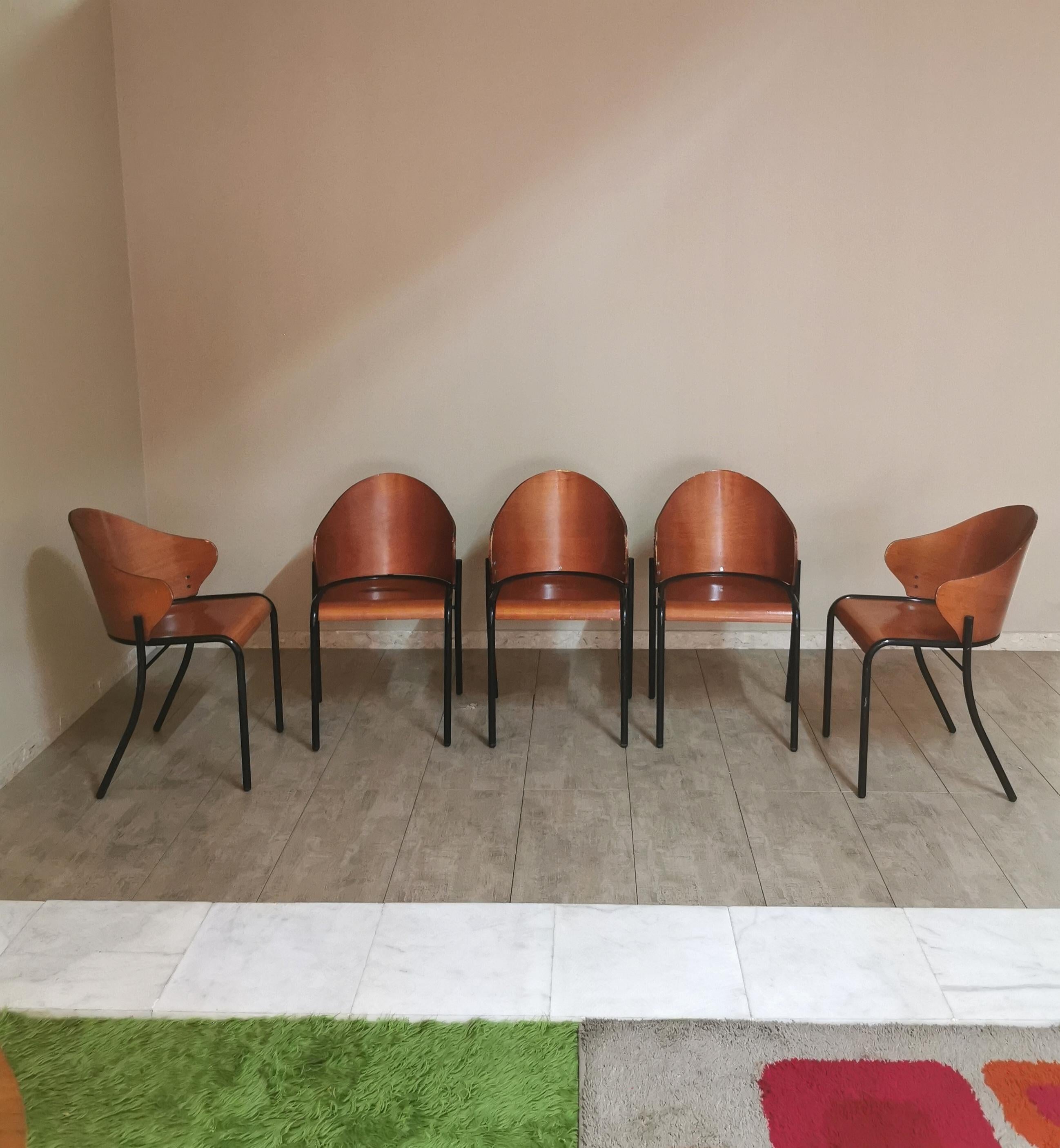 Midcentury Dining Room Chairs Curved Wood Enameled Metal Italy 1960s Set of 9 3