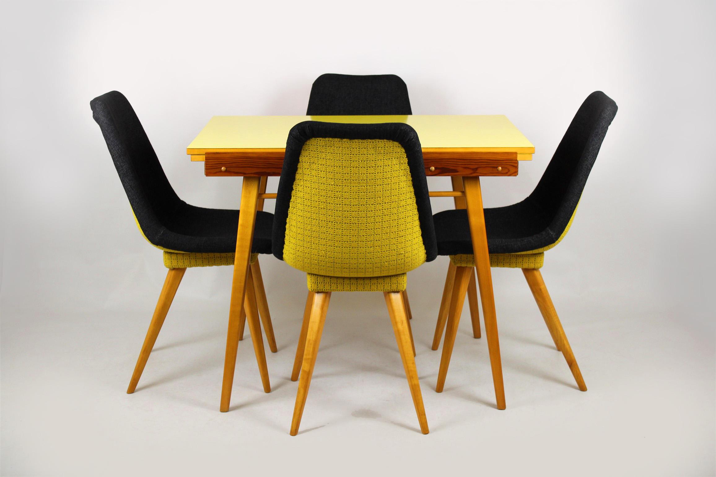 Czech Midcentury Chairs in Grey & Yellow from Drevovyroba Ostrava, 1960s, Set of 4 For Sale