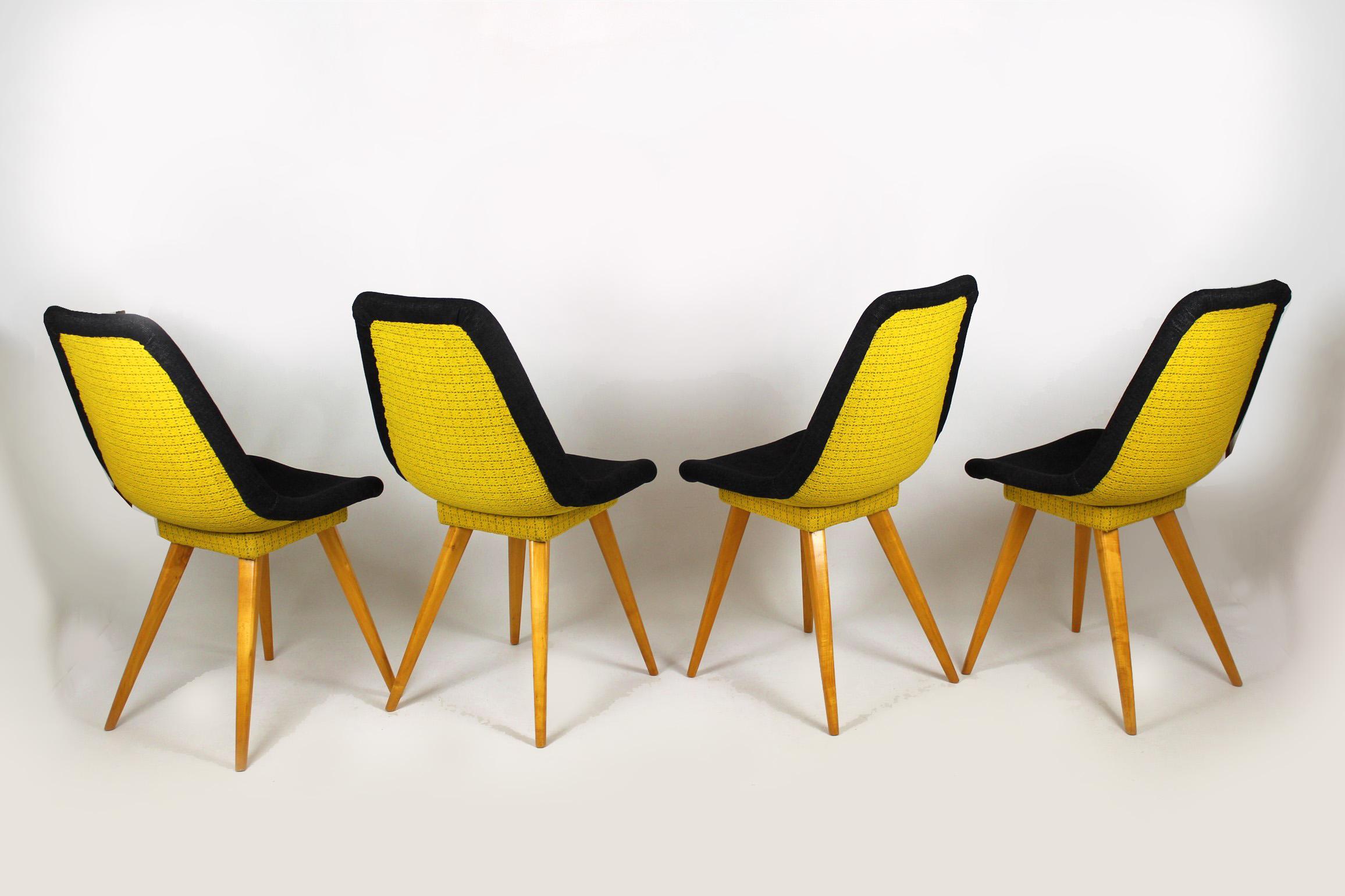 Fabric Midcentury Chairs in Grey & Yellow from Drevovyroba Ostrava, 1960s, Set of 4 For Sale