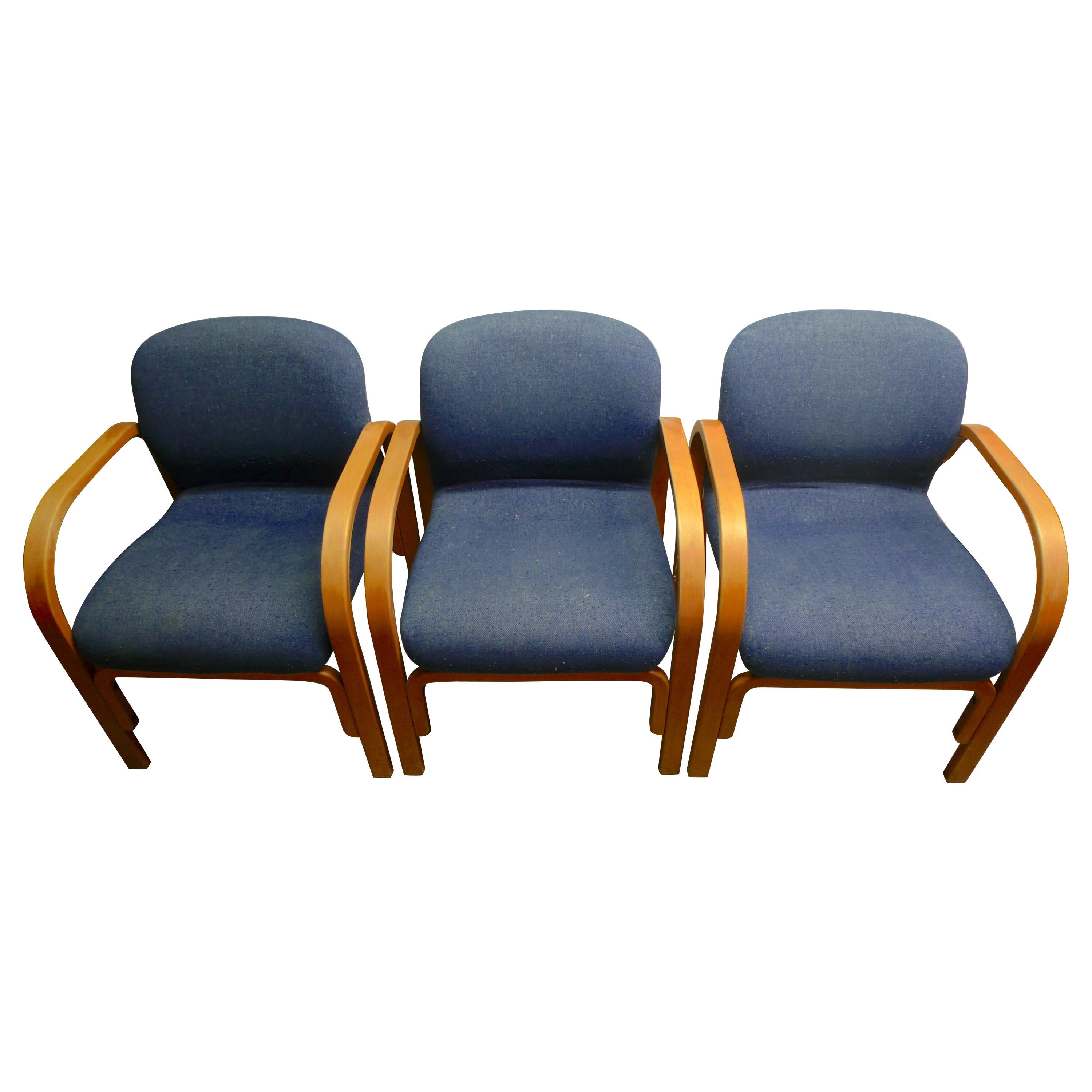 Midcentury Chairs Upholstered in Nubbly Fabric on Hardwood Frames, Set of 3 For Sale