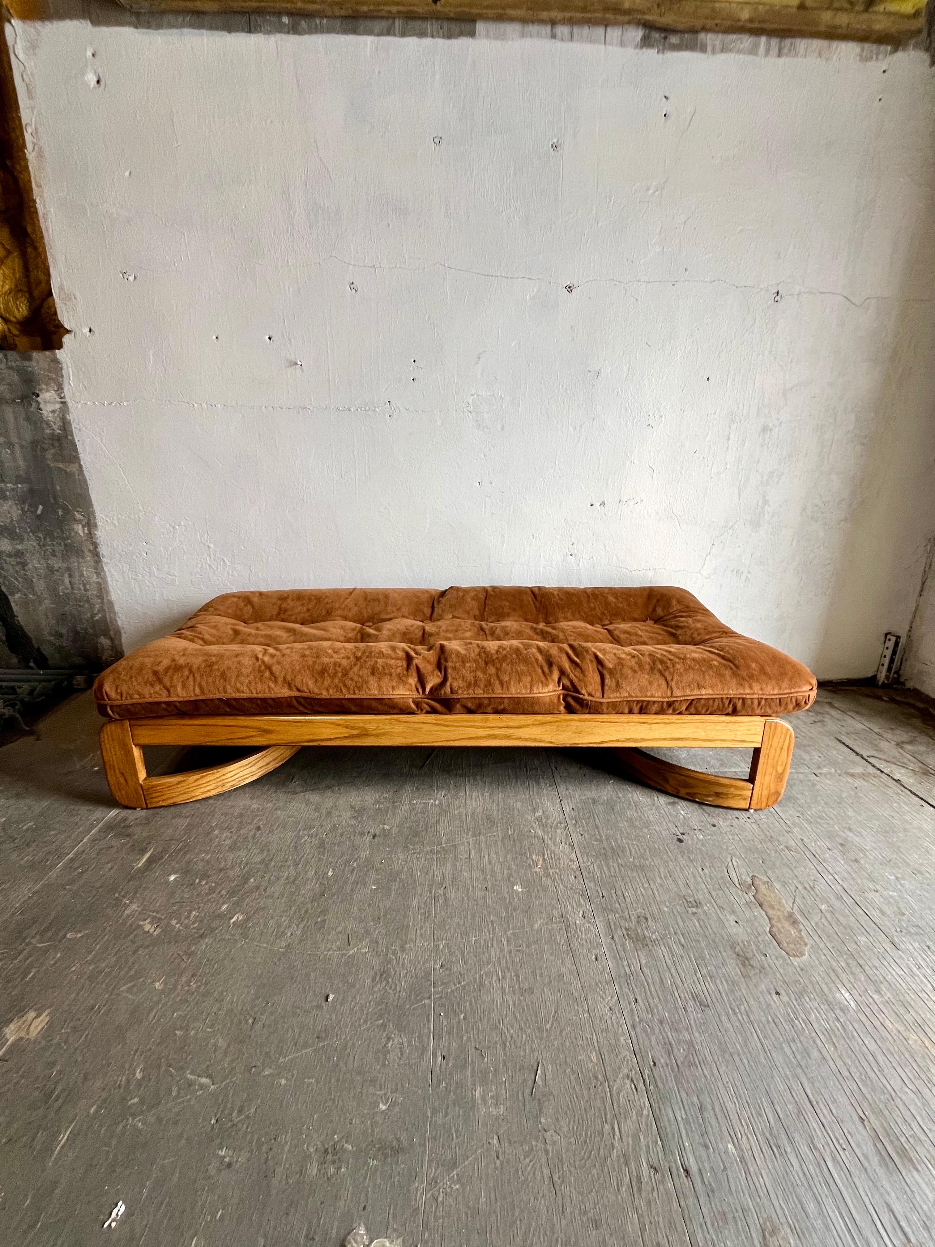 Upholstery Mid Century Chaise Lounge Day Bed Solid Oak Howard MFG For Sale