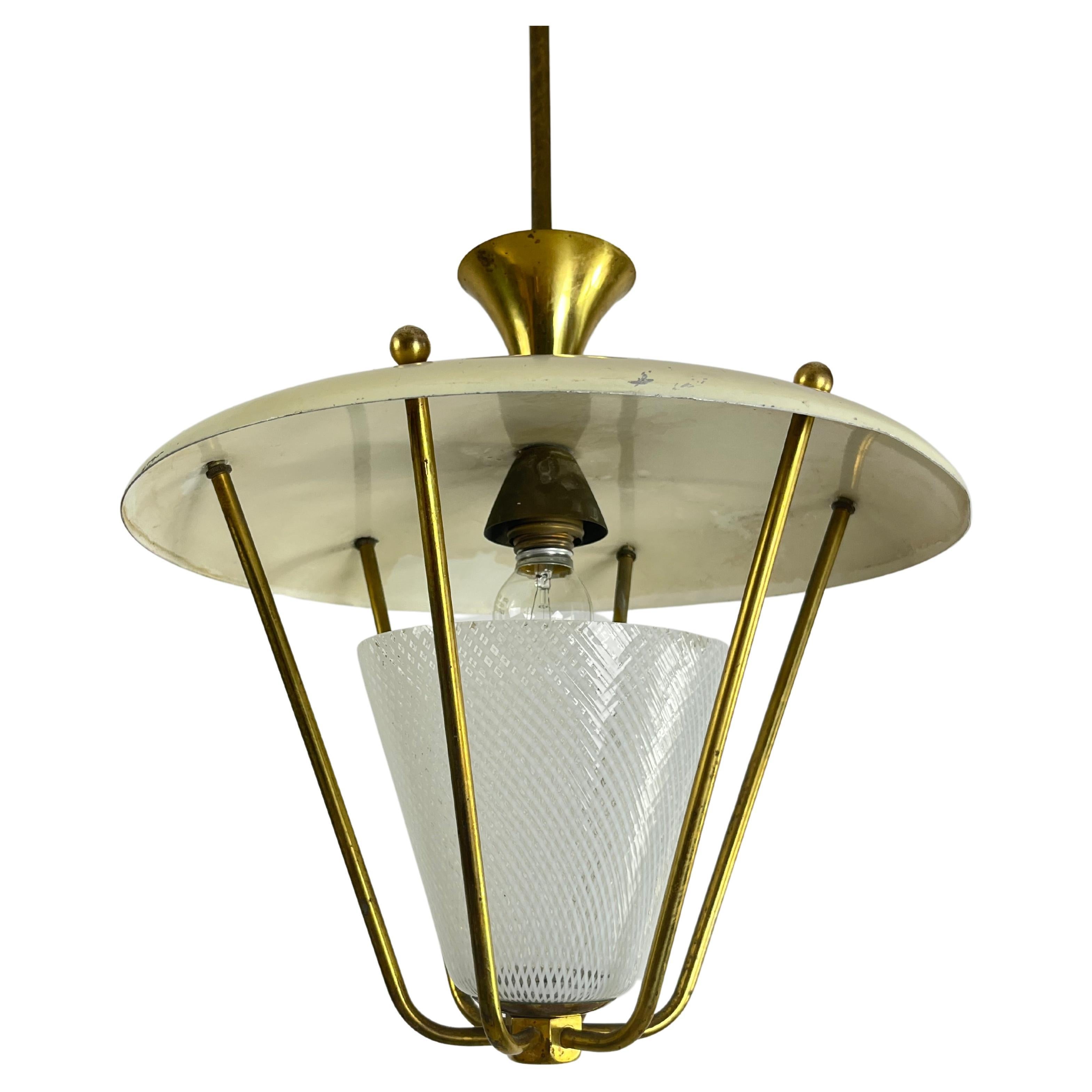 Mid-Century Chandelier Attributed To Venini In Reticello  Glass And Brass, 1950s