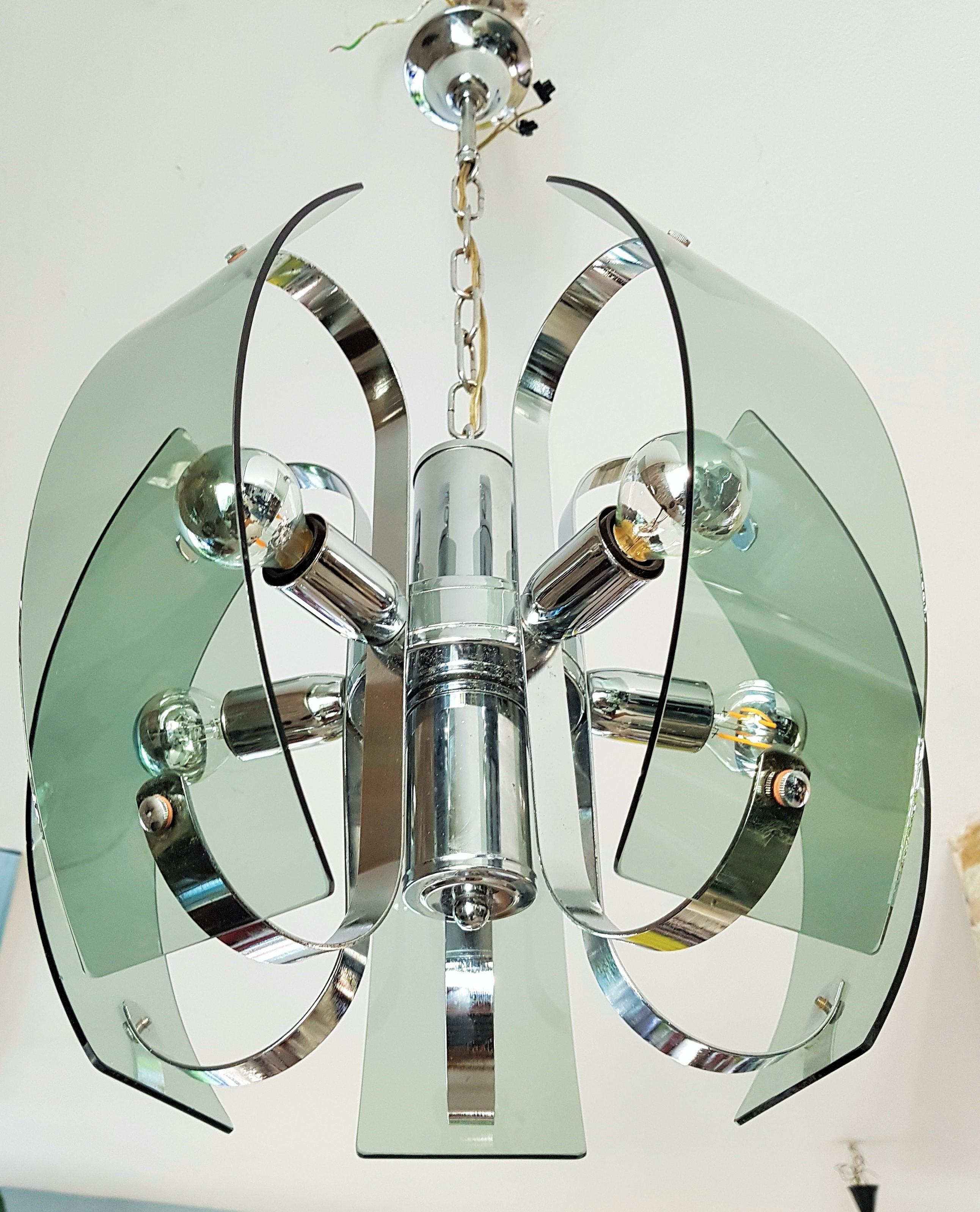 Mid-20th Century Mid-Century Chandelier Blue Glass Style Fontana Arte, Italy, 1960 For Sale