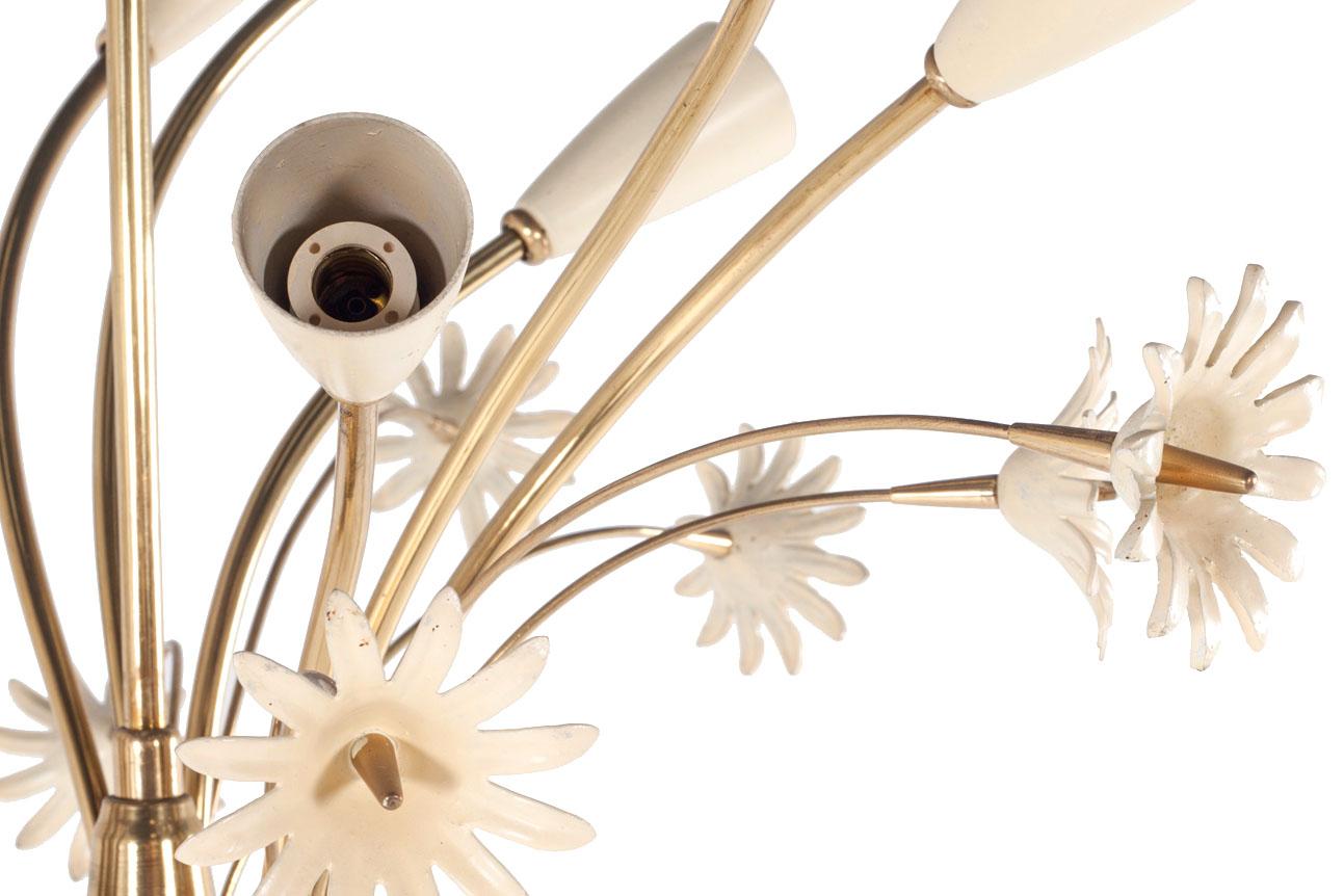 9 Llights chandelier designed by Angelo Lelii for Arredoluce around 1950. Polished brass frame, metal diffusers. The chandelier designed by Lelii takes the typology of modern forms with quality of the materials making a beautiful flower.
