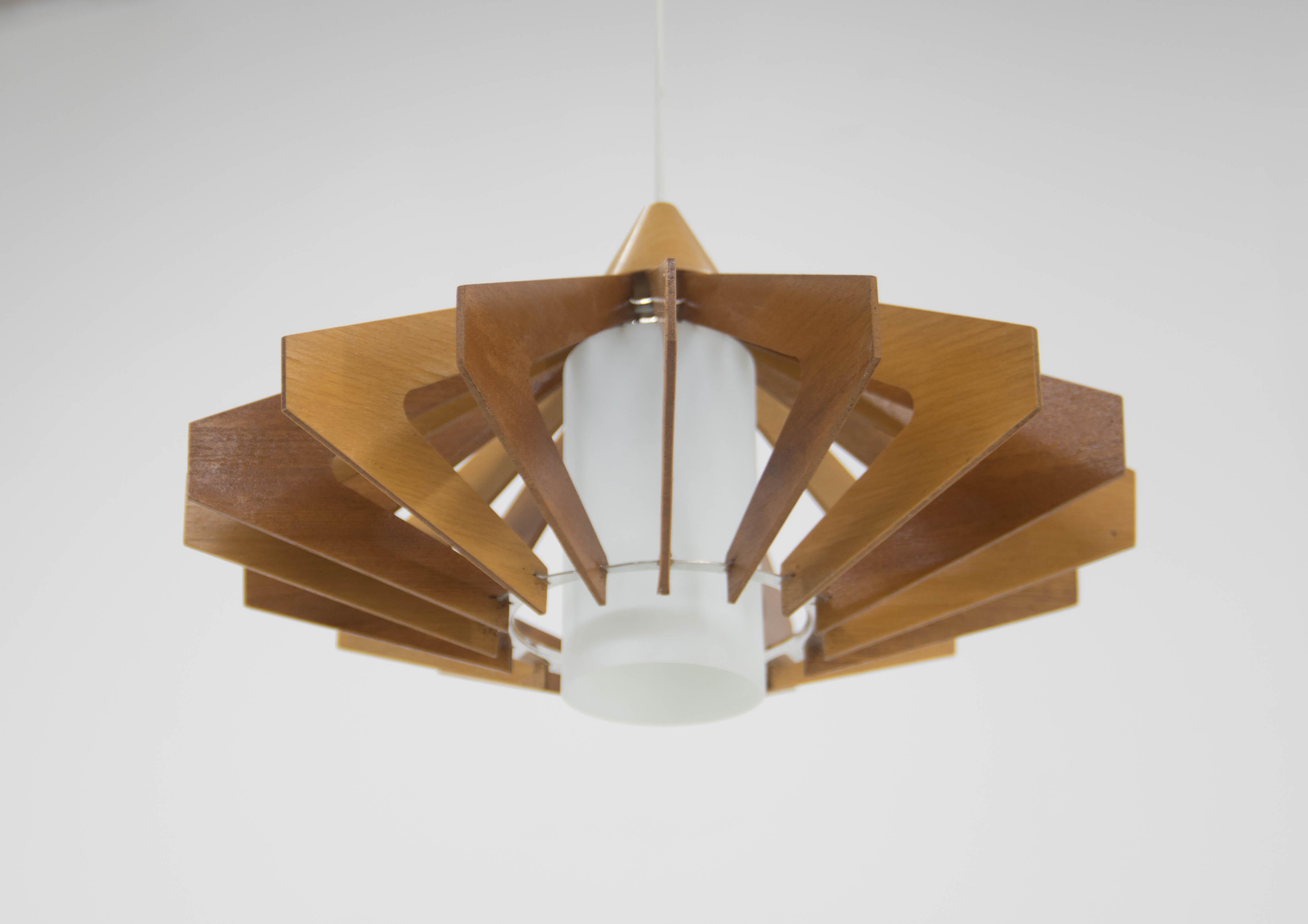 Plywood and glass chandelier in perfect condition.
Plywood leaves are fixed in a metal rings.
Opaline glass shade without any damage.
Labeled
Height can be adjusted
1x40W, E25-E27 bulb
US wiring compatible.