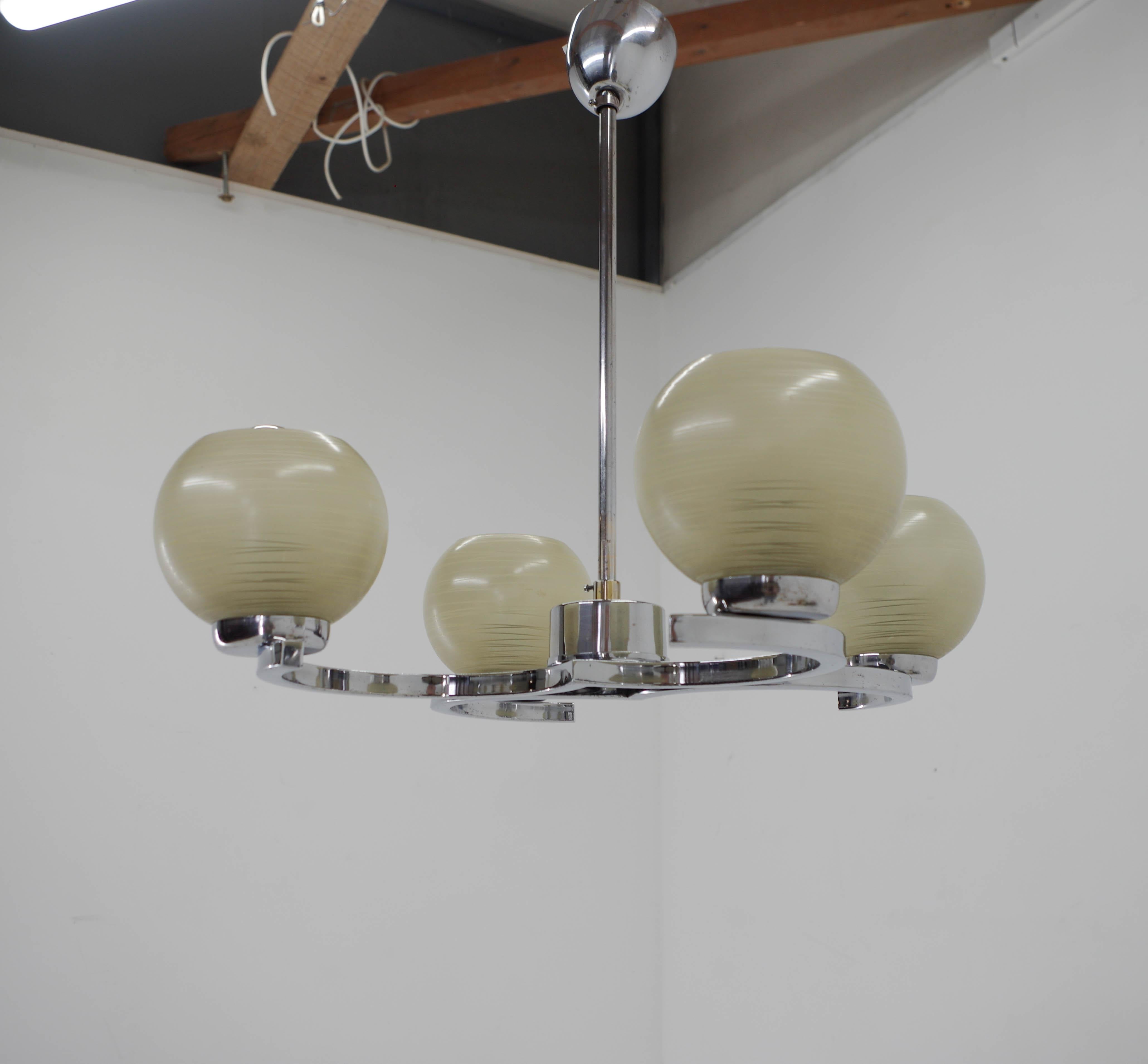 Glass Mid-Century Chandelier by Napako, 1950s, Restored For Sale