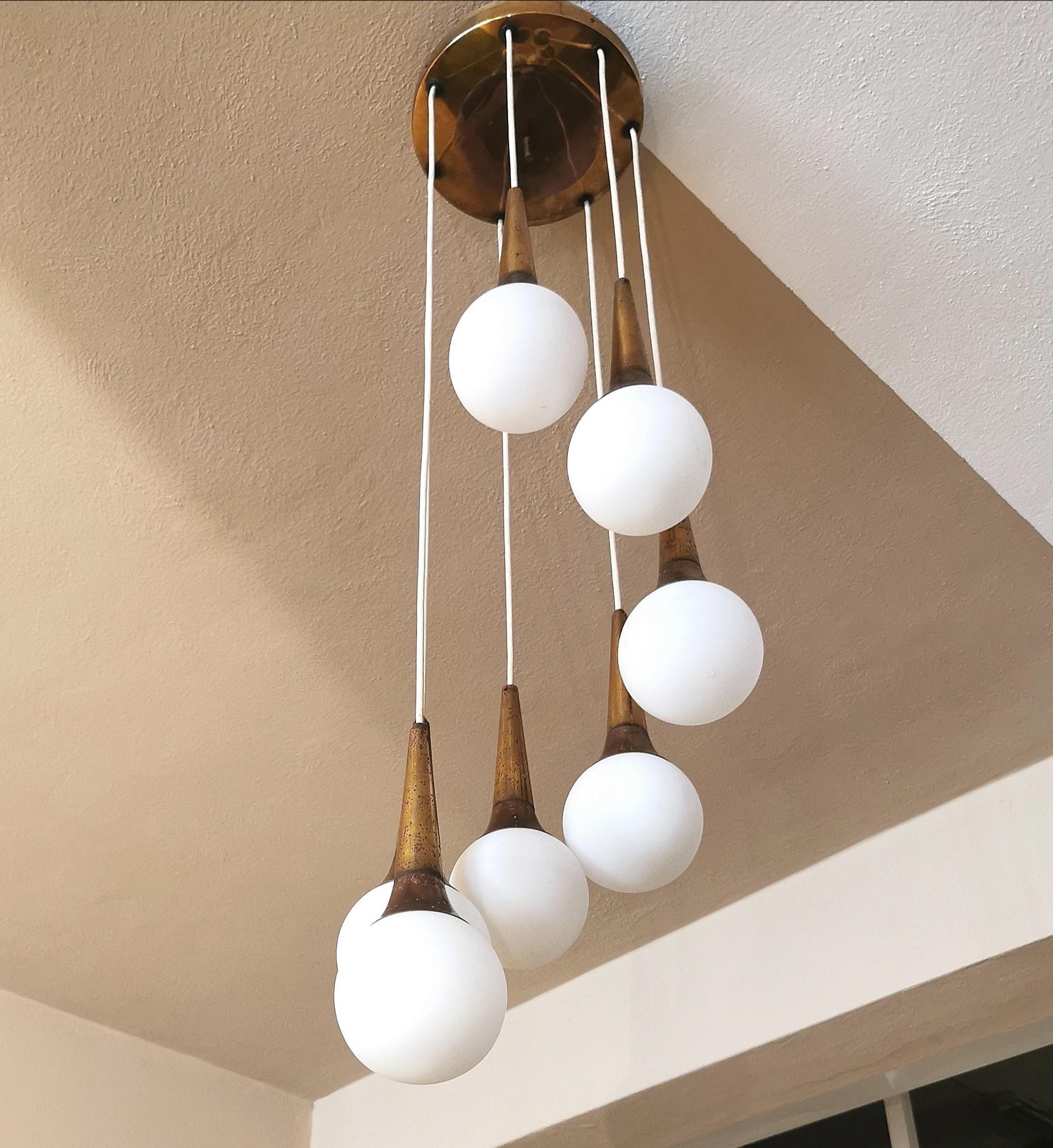 Mid-Century Modern Mid Century Chandelier by Stilnovo Brass Opaline Glass Italian Design, 1950s