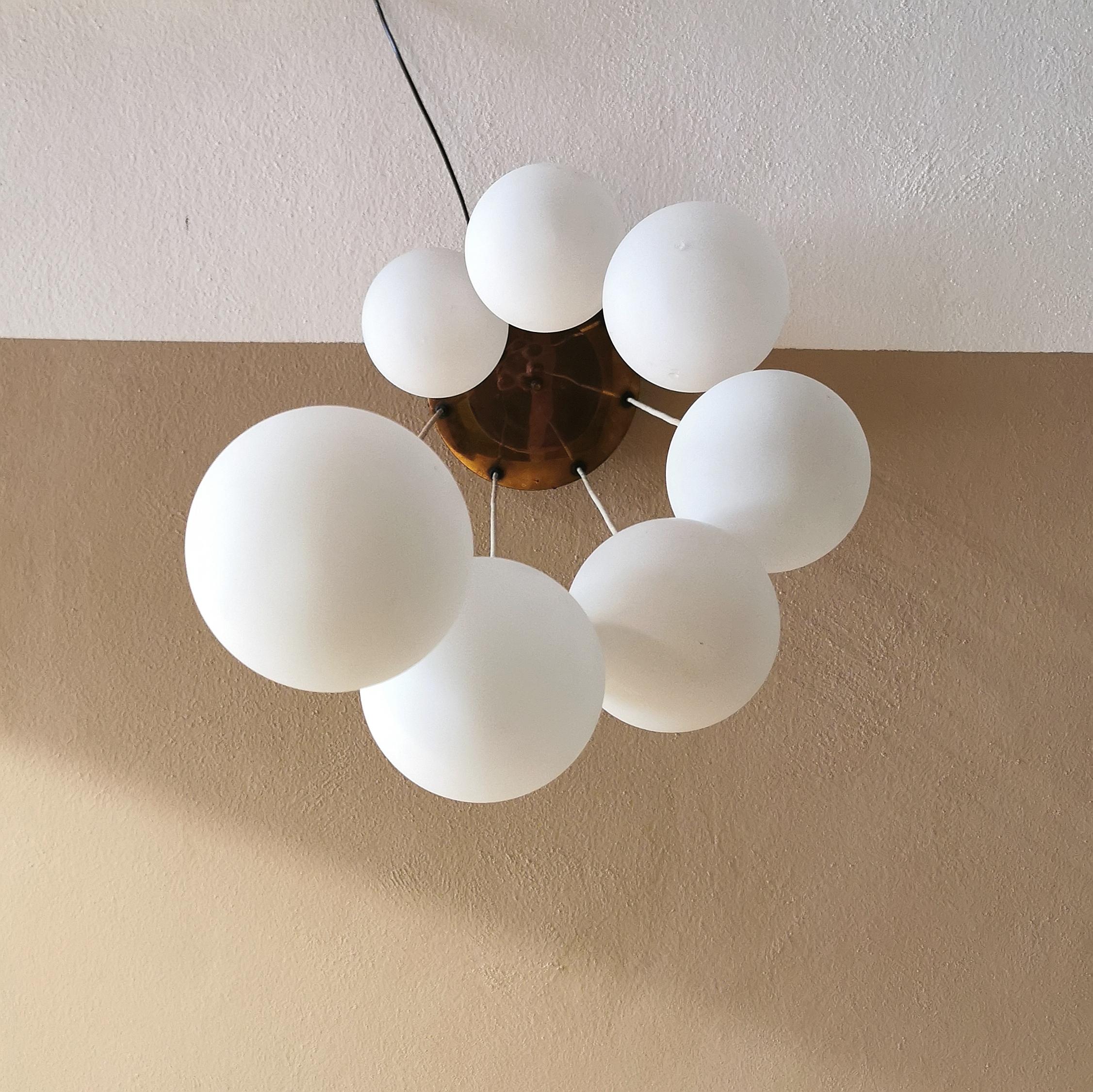 Mid Century Chandelier by Stilnovo Brass Opaline Glass Italian Design, 1950s 2