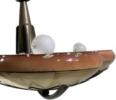 Midcentury Art Deco Chandelier, Bronze & Enameled Glass, France, 90cm