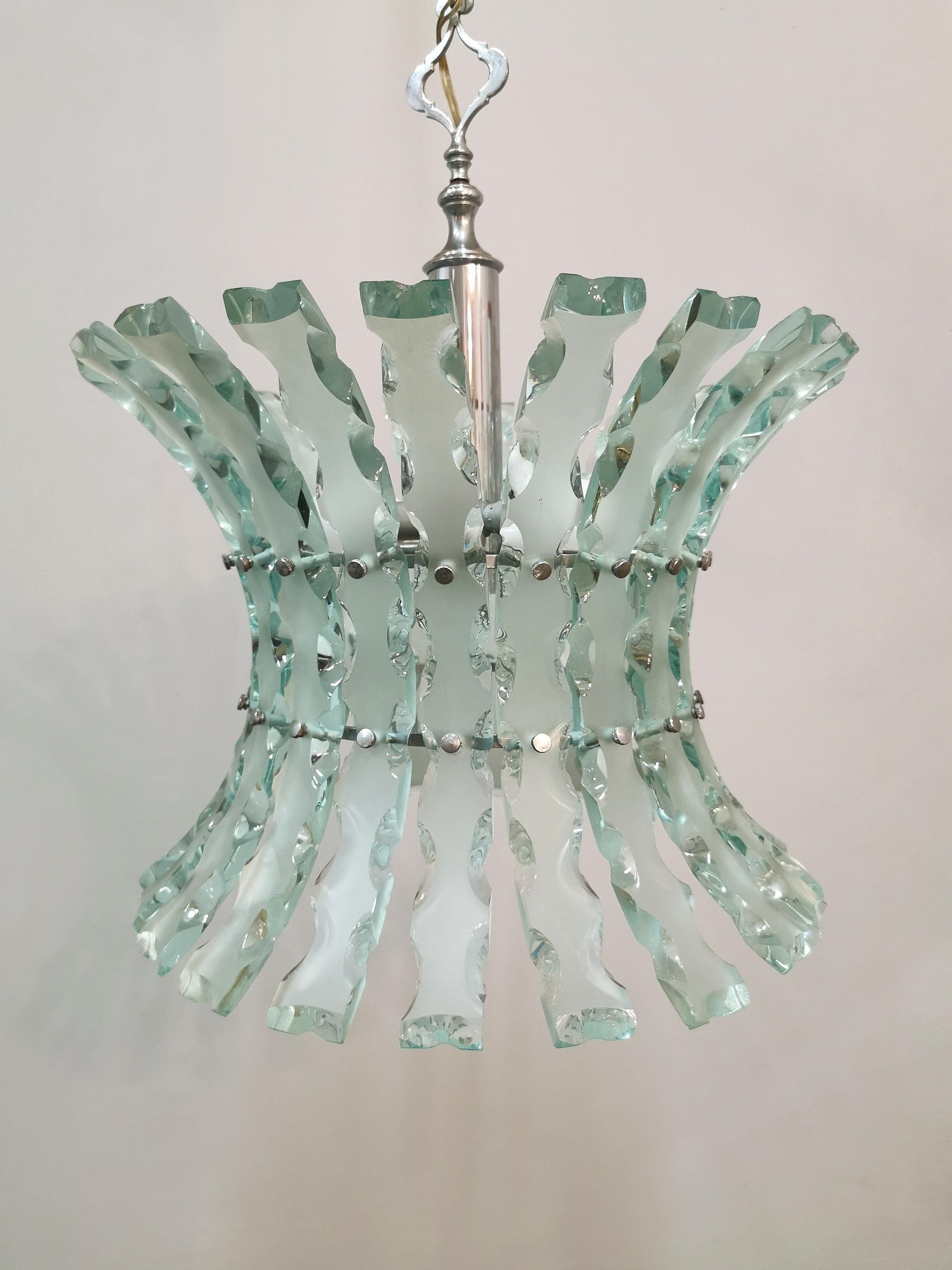 Mid-Century Modern  Chandelier Pendant Hammered Glass Fontana Arte Midcentury Italian Design 1960s
