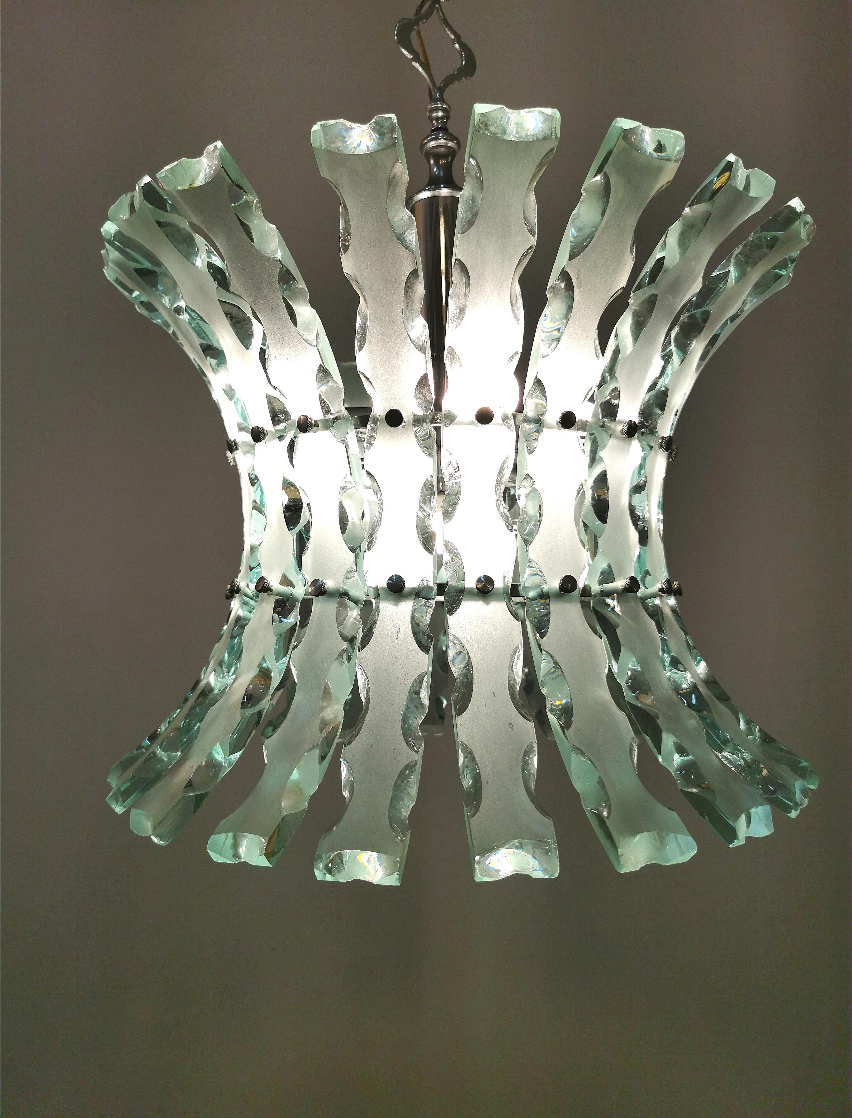 Etched  Chandelier Pendant Hammered Glass Fontana Arte Midcentury Italian Design 1960s